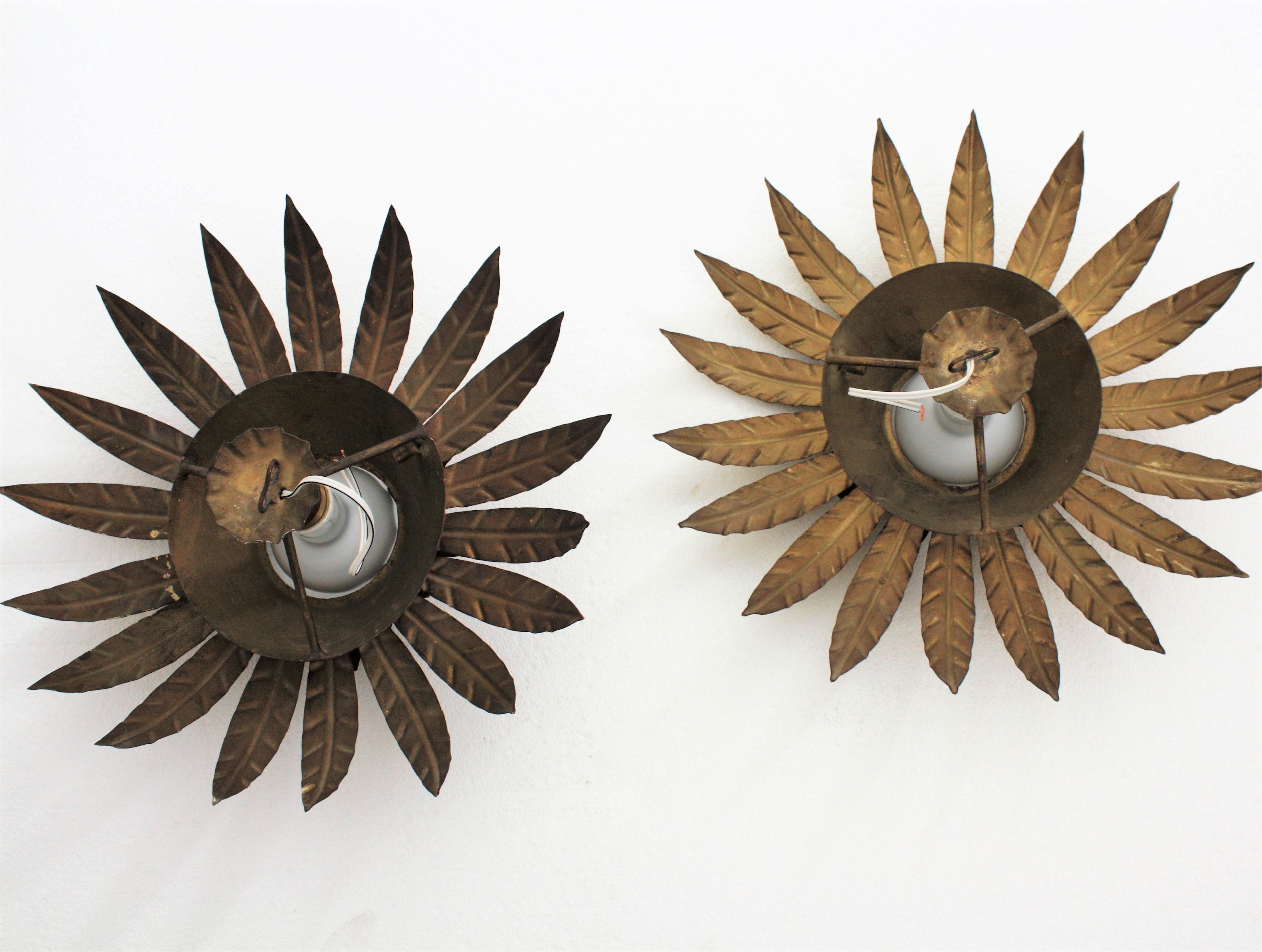Pair of Sunburst Flower Light Fixtures in Gilt Metal For Sale 2
