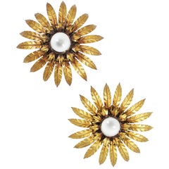 Pair of Sunburst Flower Flush Mount Ceiling Light Fixtures in Gilt Iron