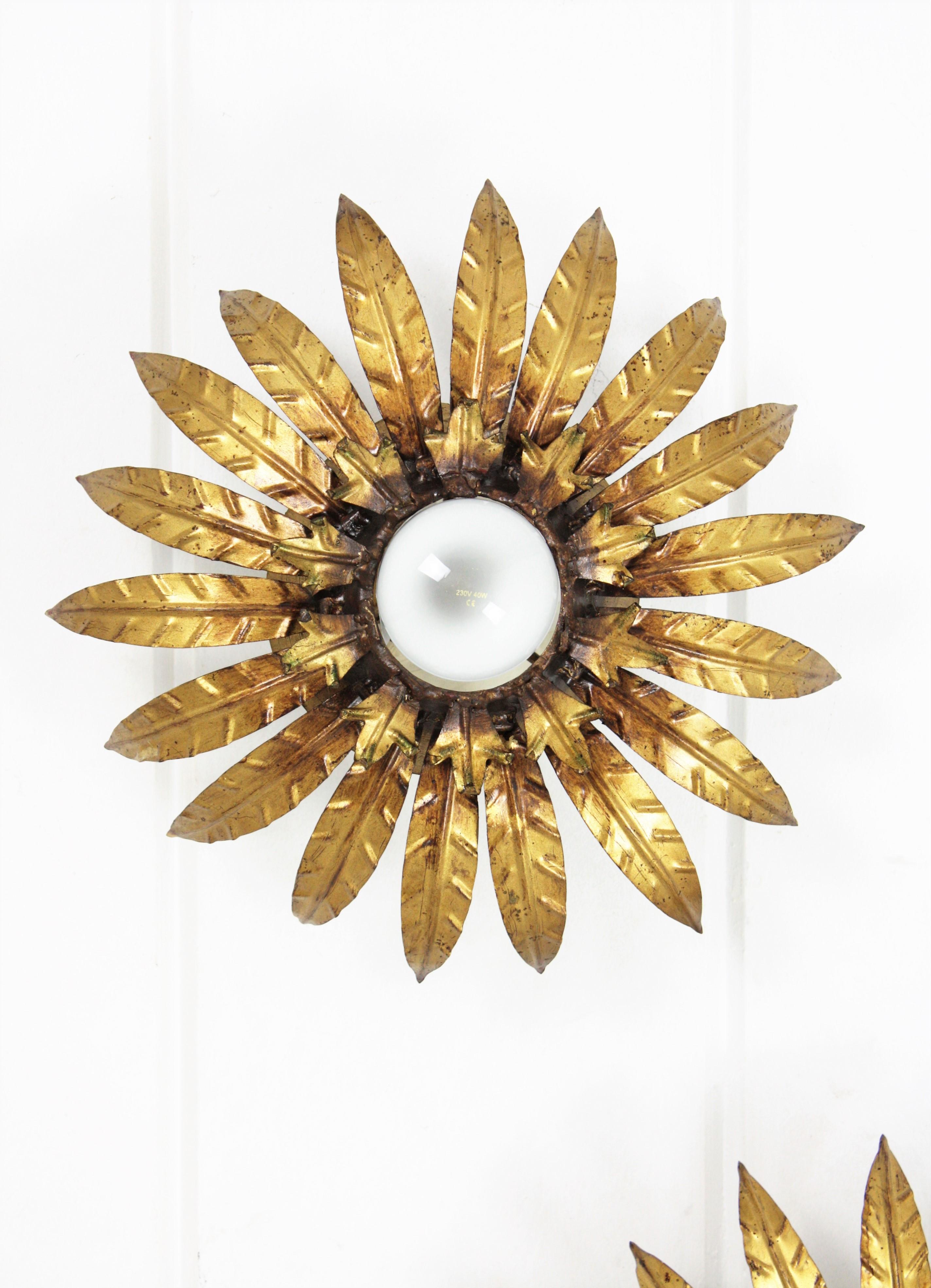 Mid-Century Modern Pair of Sunburst Flower Light Fixtures in Gilt Metal For Sale