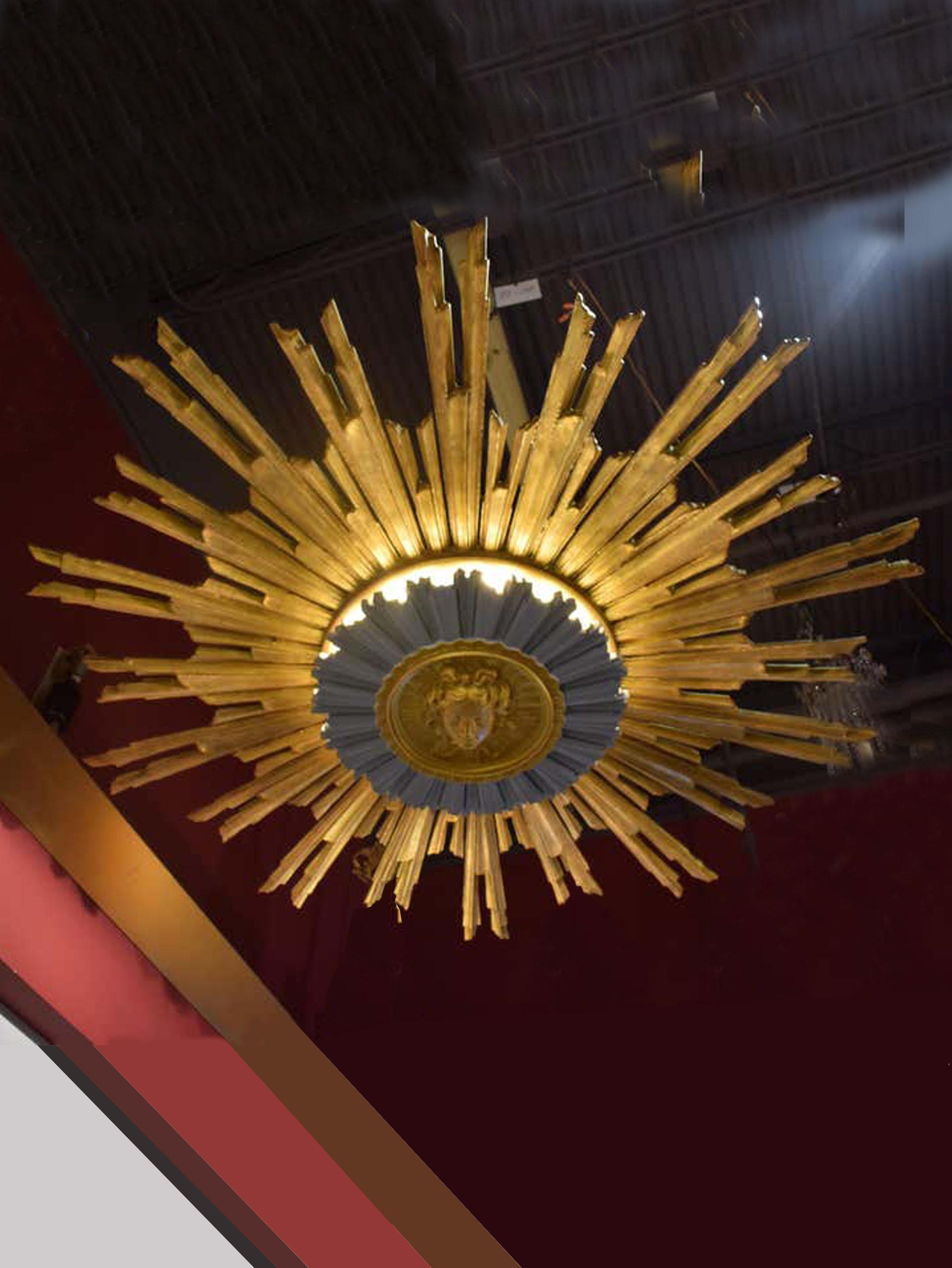 A highly unusual and decorative sunburst flushmounted fixture or pendant. 10-light
Dimensions: Height 8
