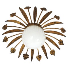 Sunburst Foliage Ceiling Light Fixture in Gilt Iron and Milk Glass, 1950s