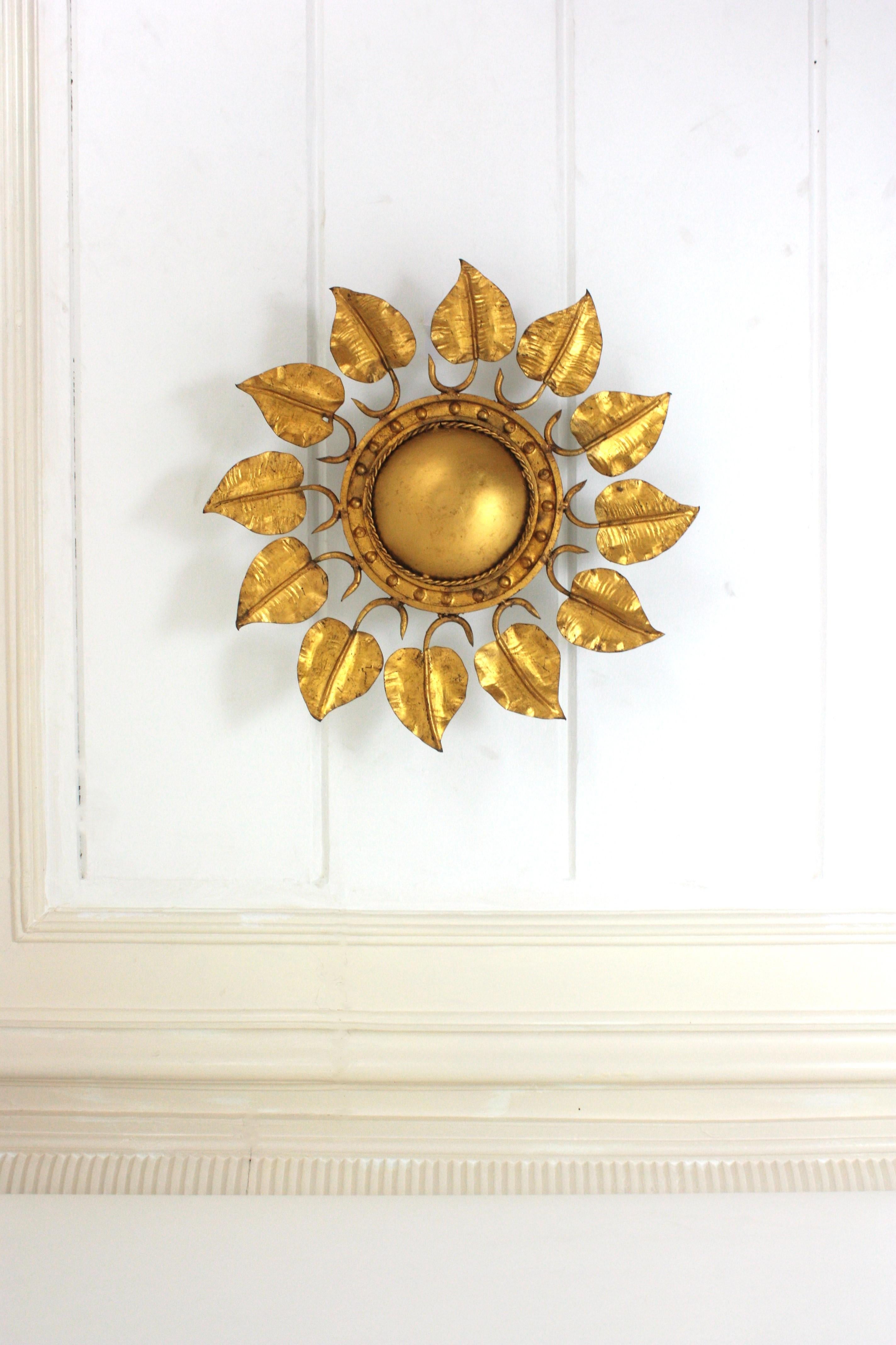 Sunburst Foliage Ceiling Light Fixture in Gilt Iron, Ferro Art For Sale 4