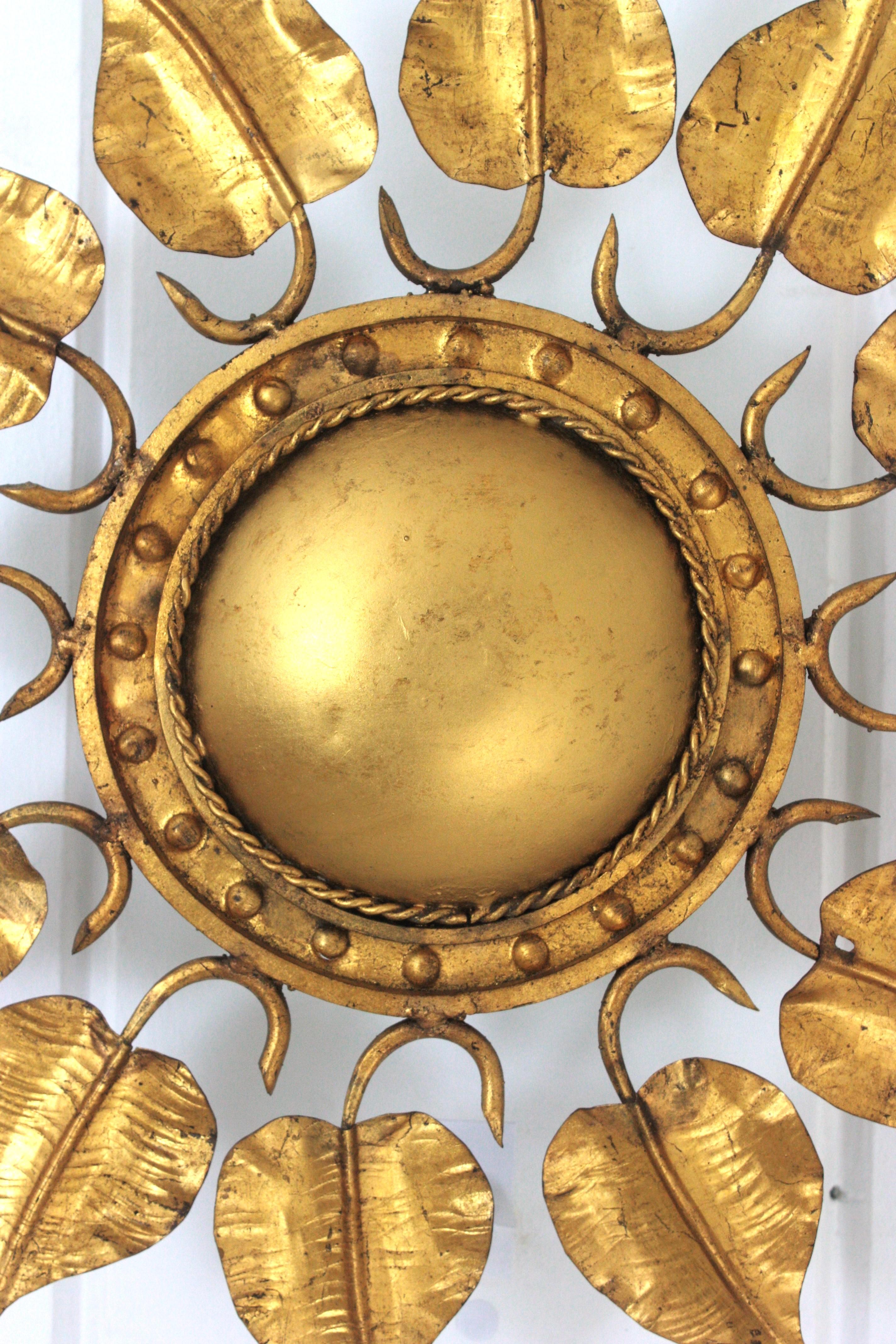 Sunburst Foliage Ceiling Light Fixture in Gilt Iron, Ferro Art For Sale 5