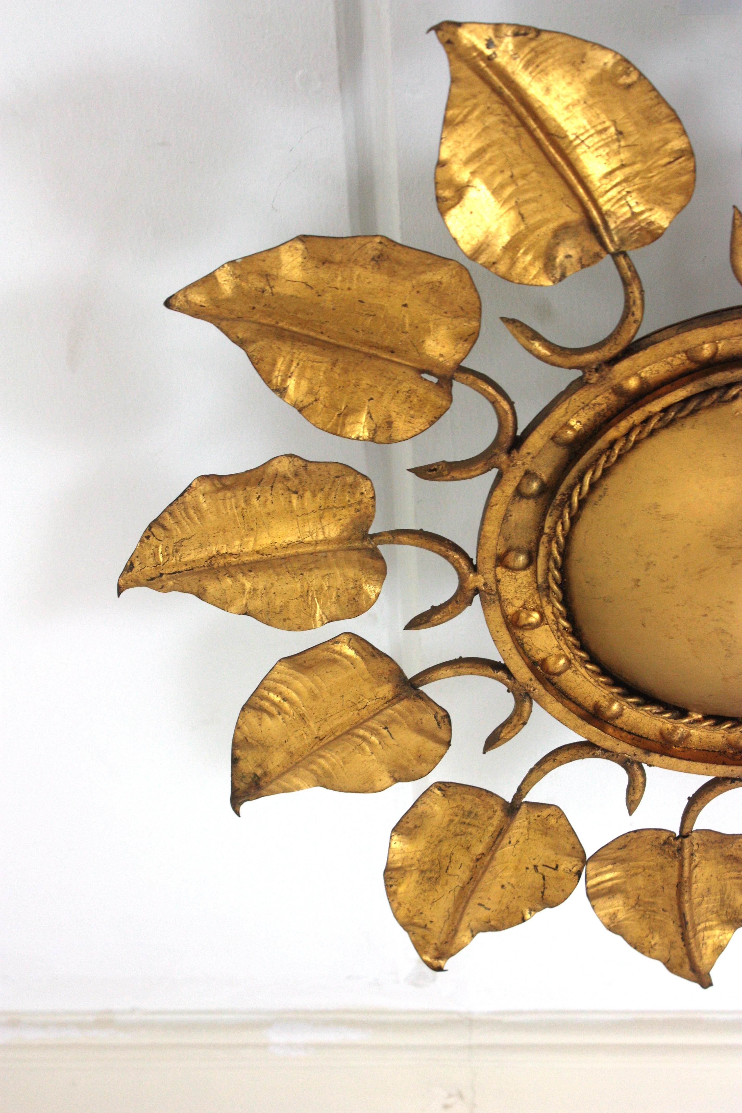 Sunburst Foliage Ceiling Light Fixture in Gilt Iron, Ferro Art For Sale 6