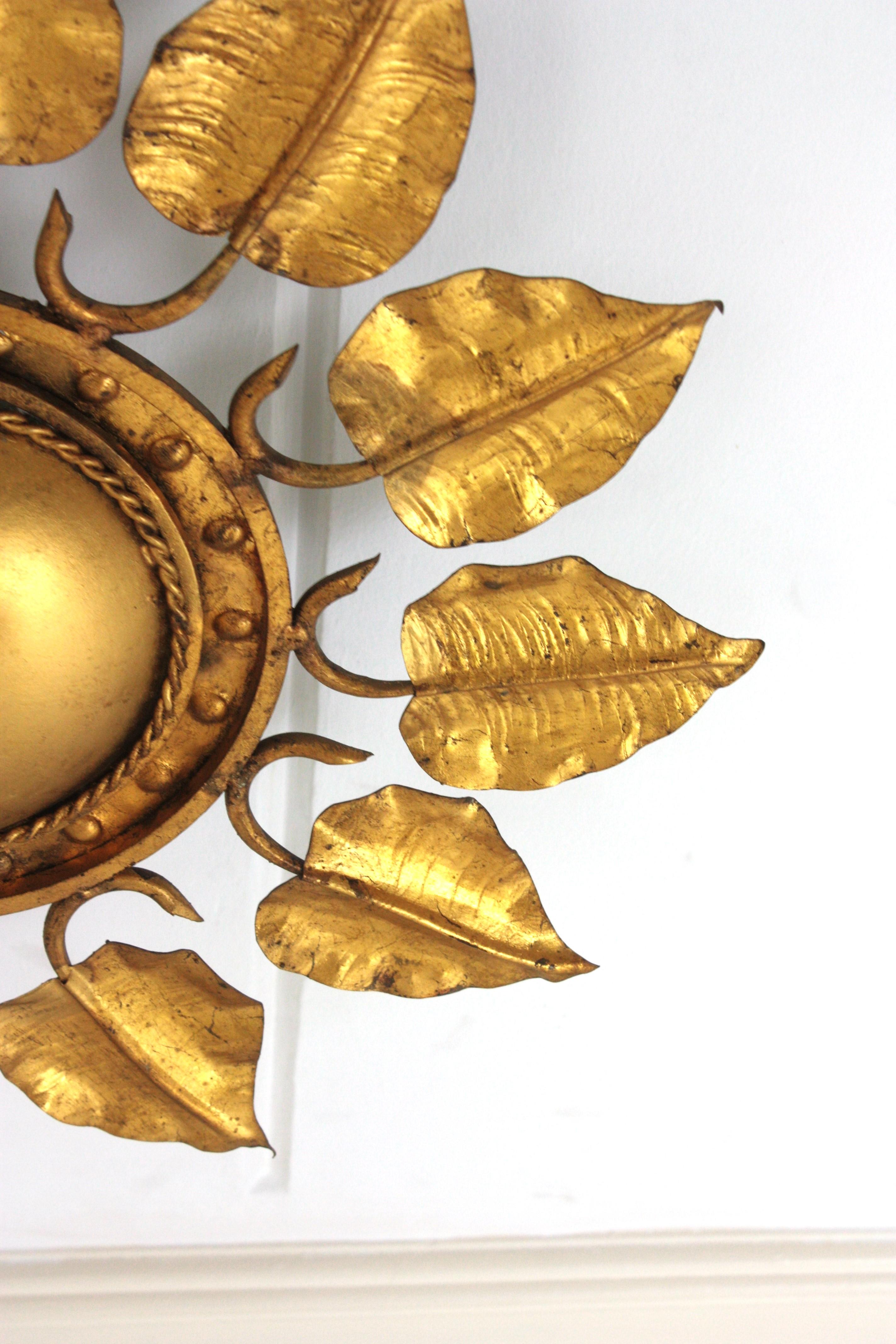 Sunburst Foliage Ceiling Light Fixture in Gilt Iron, Ferro Art For Sale 7