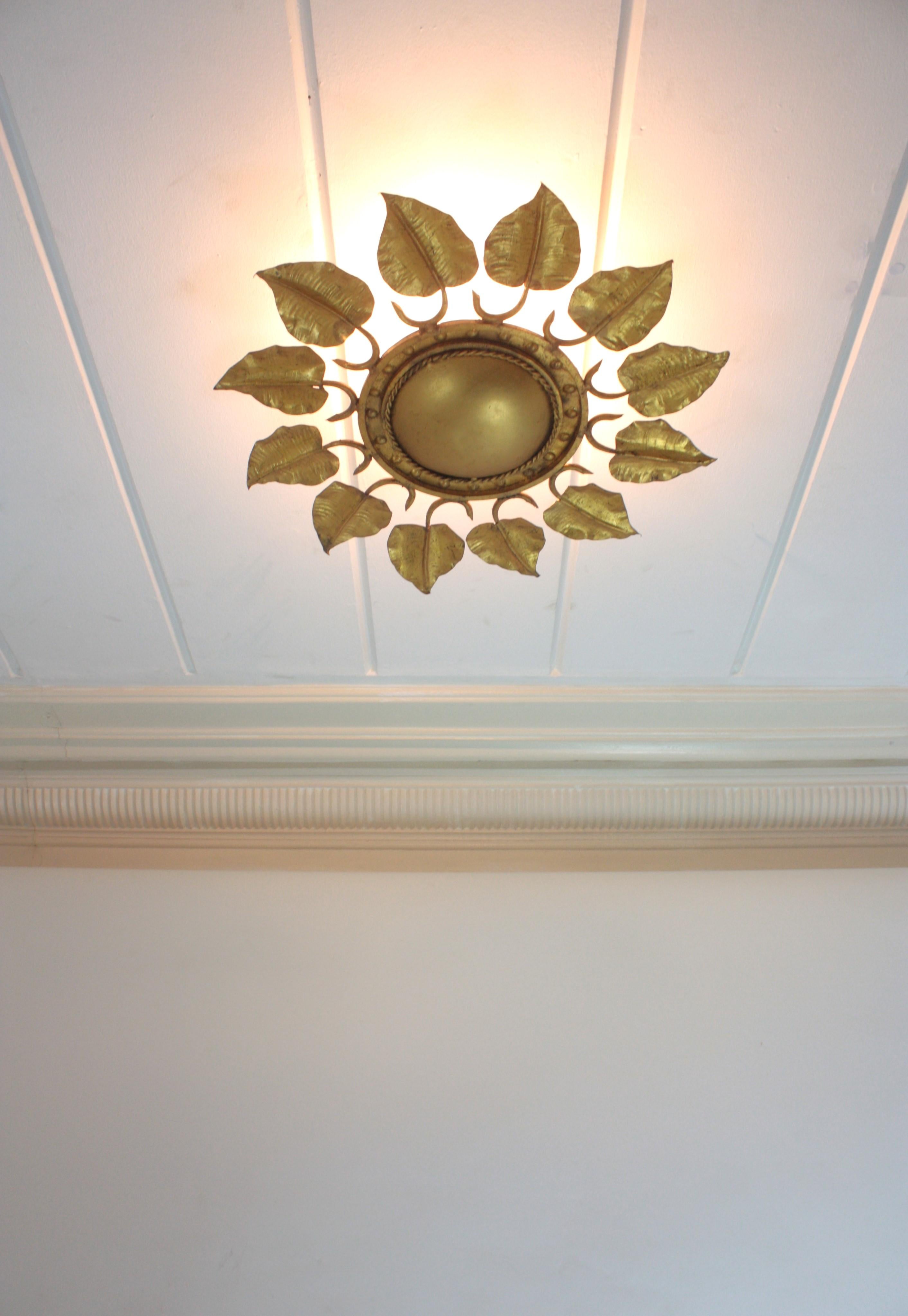 Sunburst Foliage Ceiling Light Fixture in Gilt Iron, Ferro Art For Sale 8