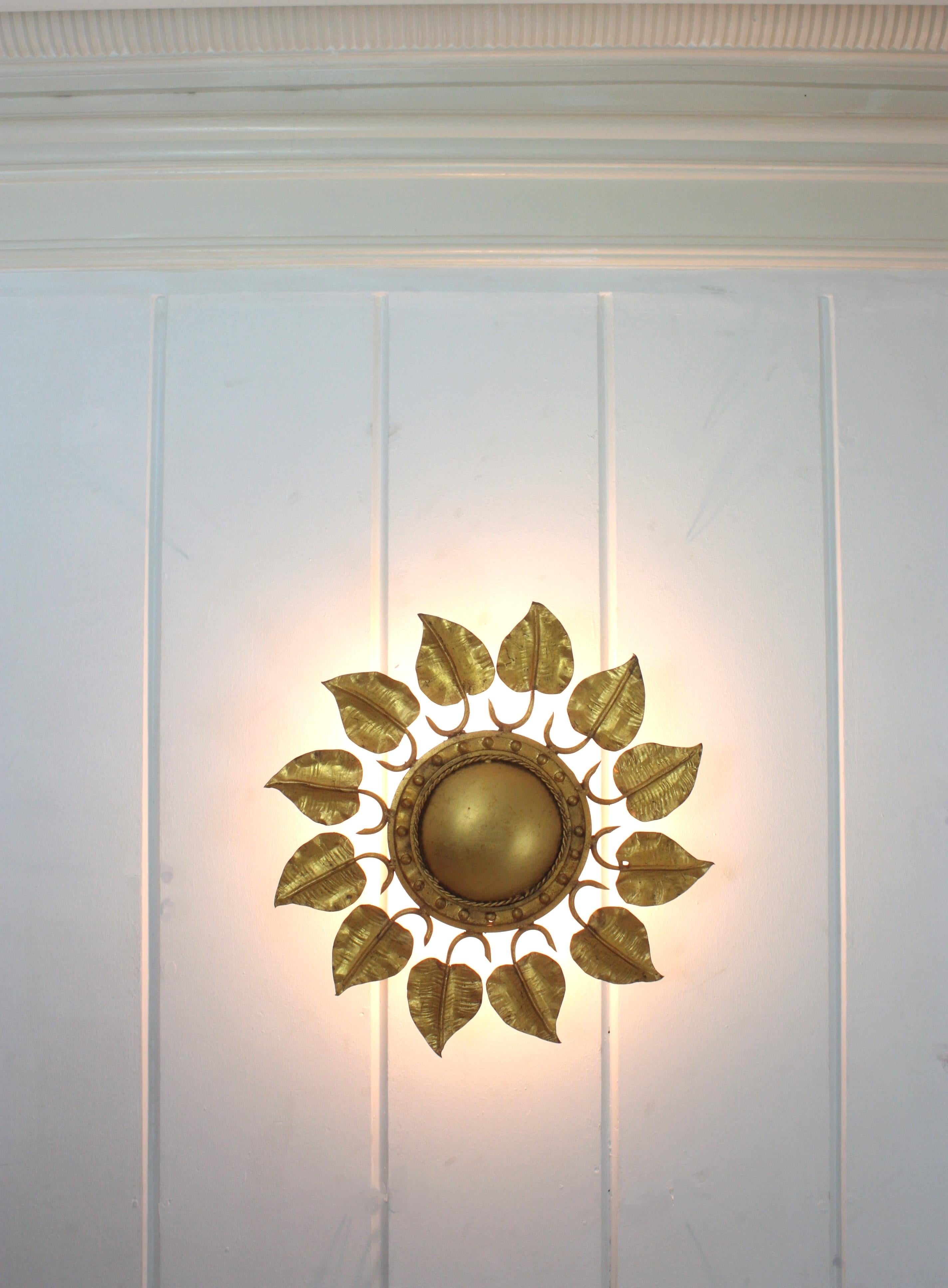 Sunburst Foliage Ceiling Light Fixture in Gilt Iron, Ferro Art For Sale 9