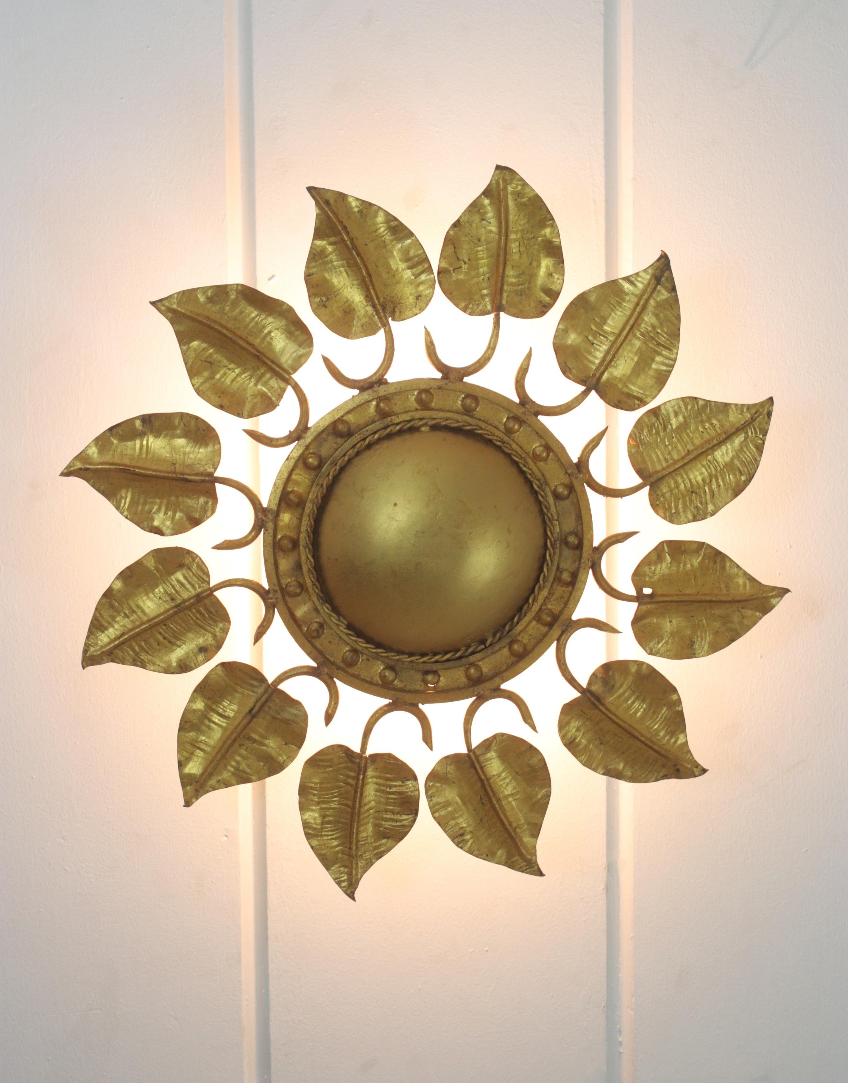 Sunburst Foliage Ceiling Light Fixture in Gilt Iron, Ferro Art For Sale 10