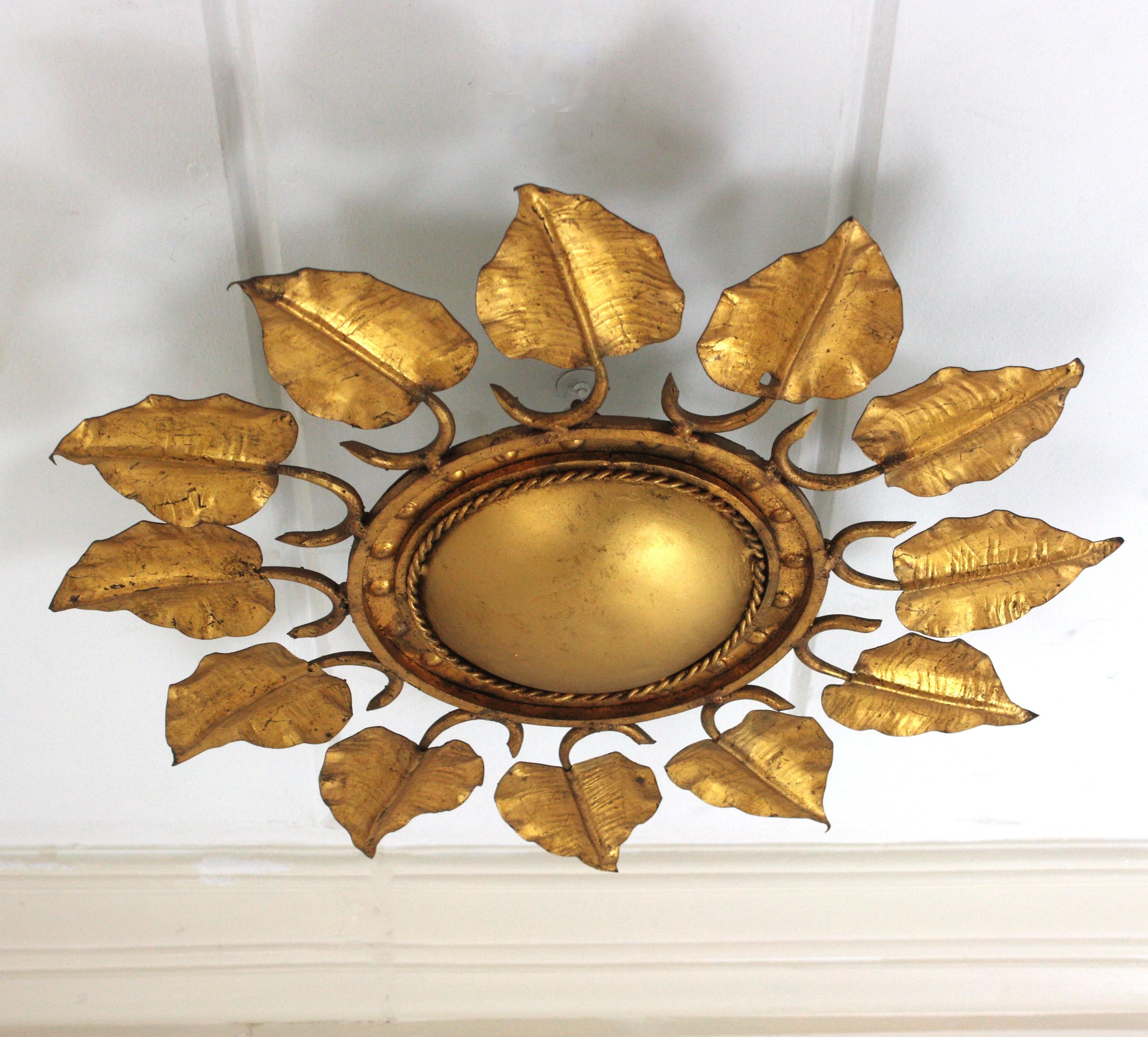 Sunburst Foliage Ceiling Light Fixture in Gilt Iron, Ferro Art For Sale 11