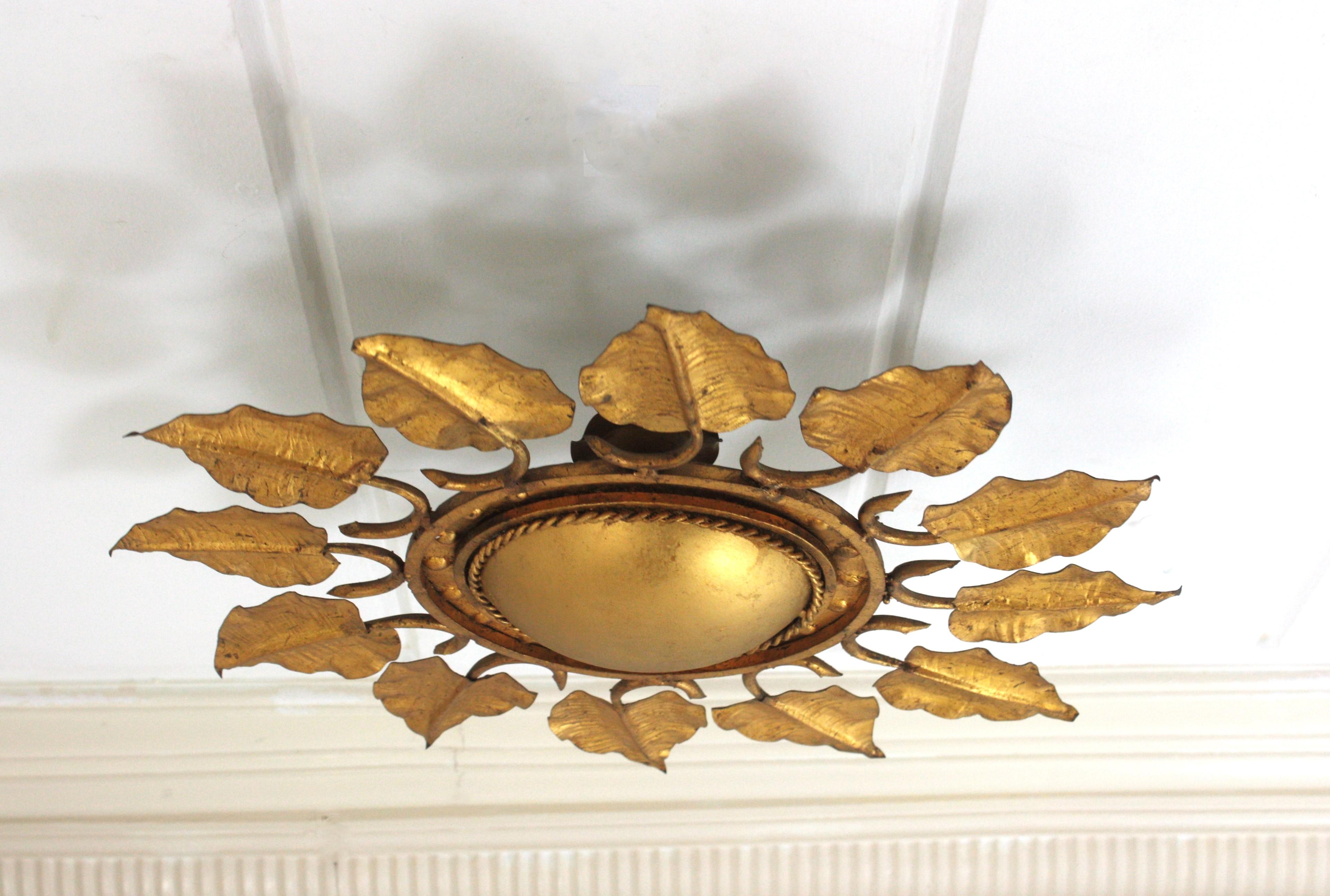 Sunburst Foliage Ceiling Light Fixture in Gilt Iron, Ferro Art For Sale 12