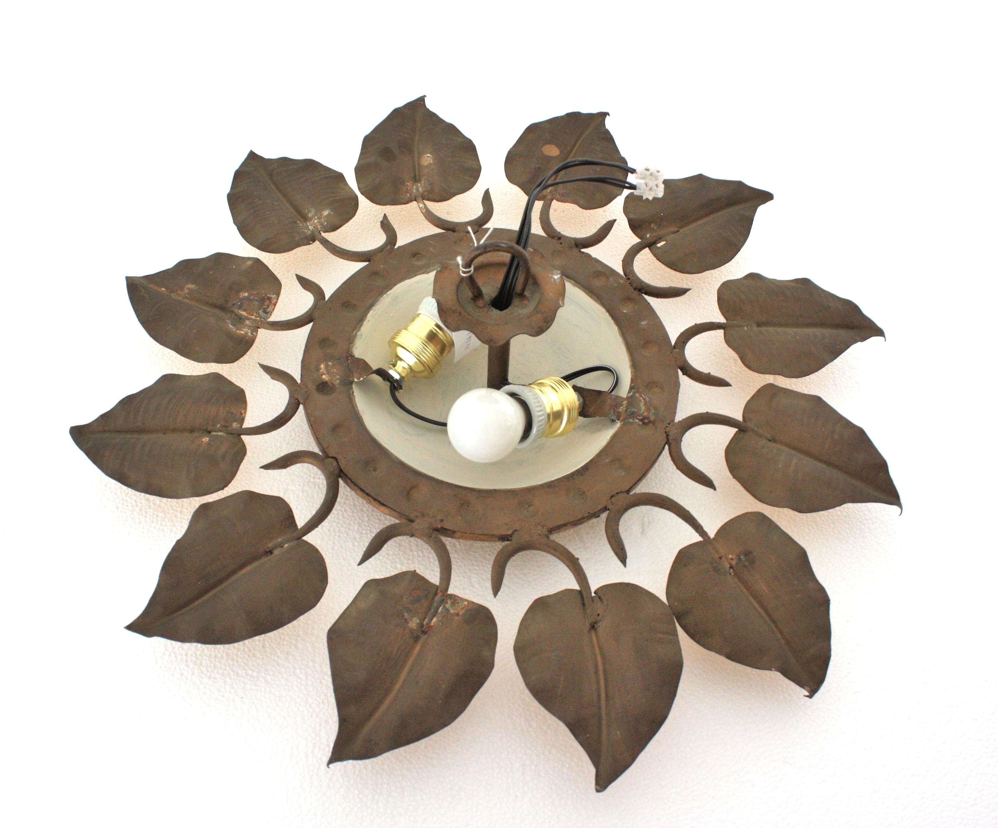 Sunburst Foliage Ceiling Light Fixture in Gilt Iron, Ferro Art For Sale 13