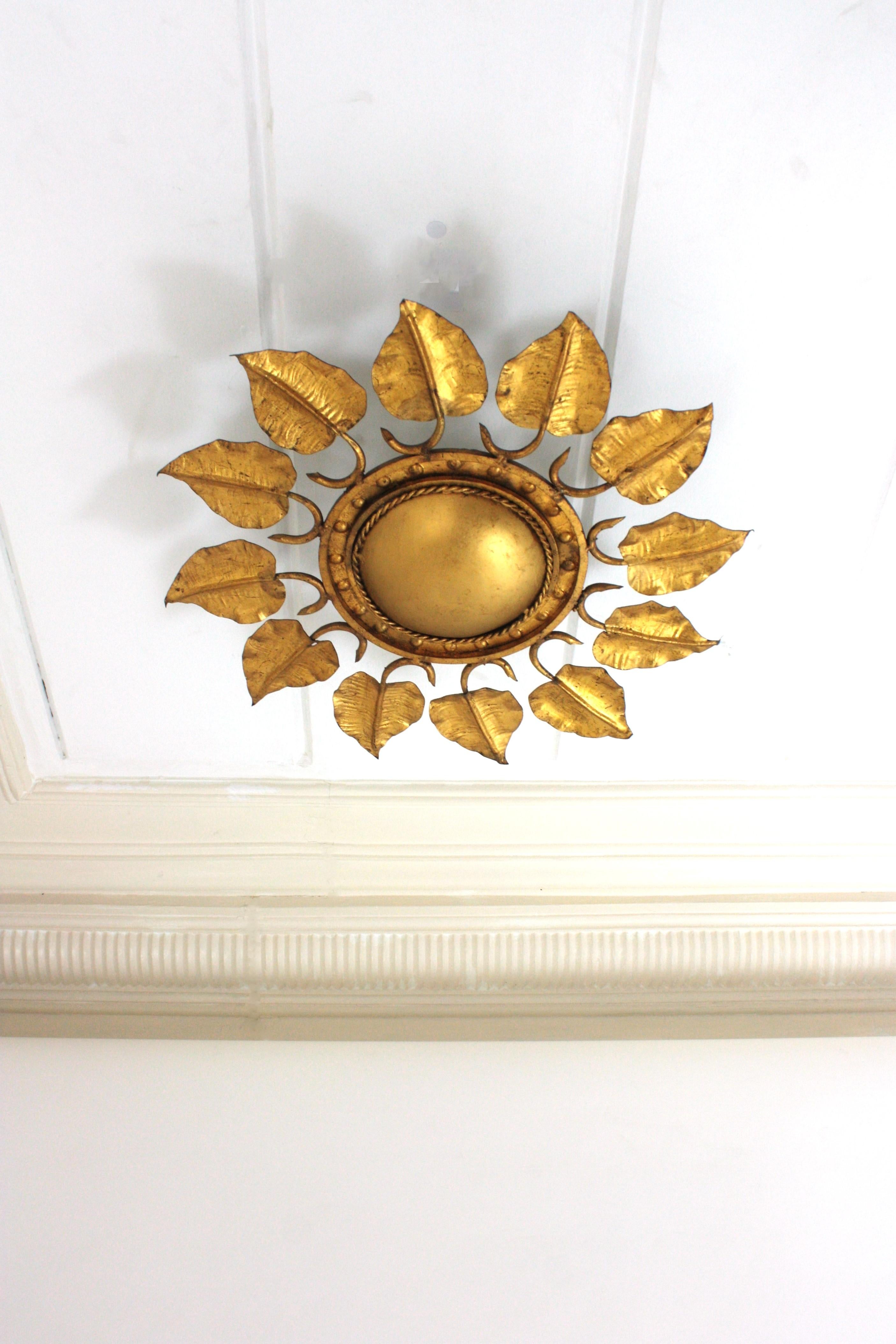 Mid-Century Modern Sunburst Foliage Ceiling Light Fixture in Gilt Iron, Ferro Art For Sale