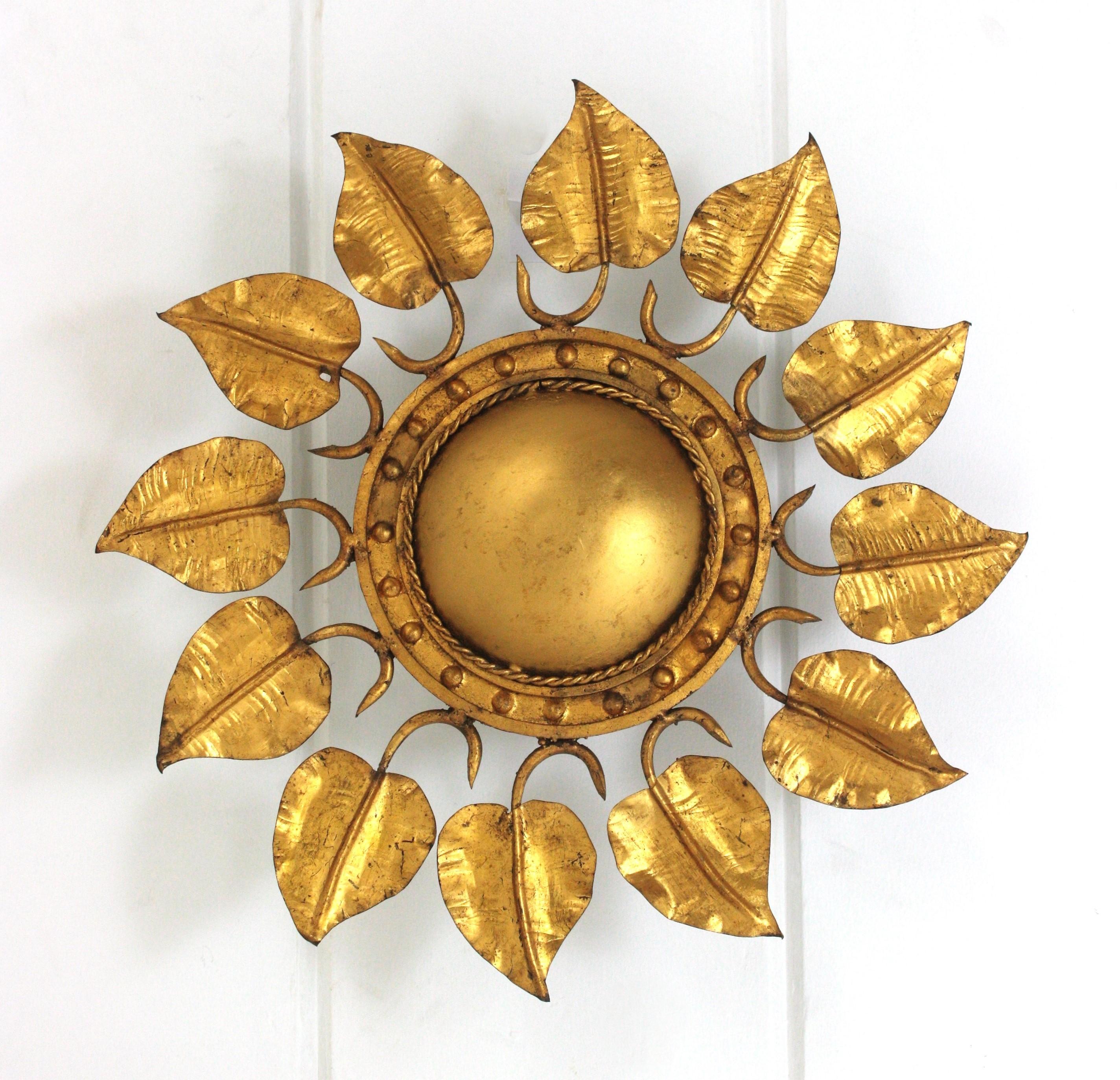 Spanish Sunburst Foliage Ceiling Light Fixture in Gilt Iron, Ferro Art For Sale