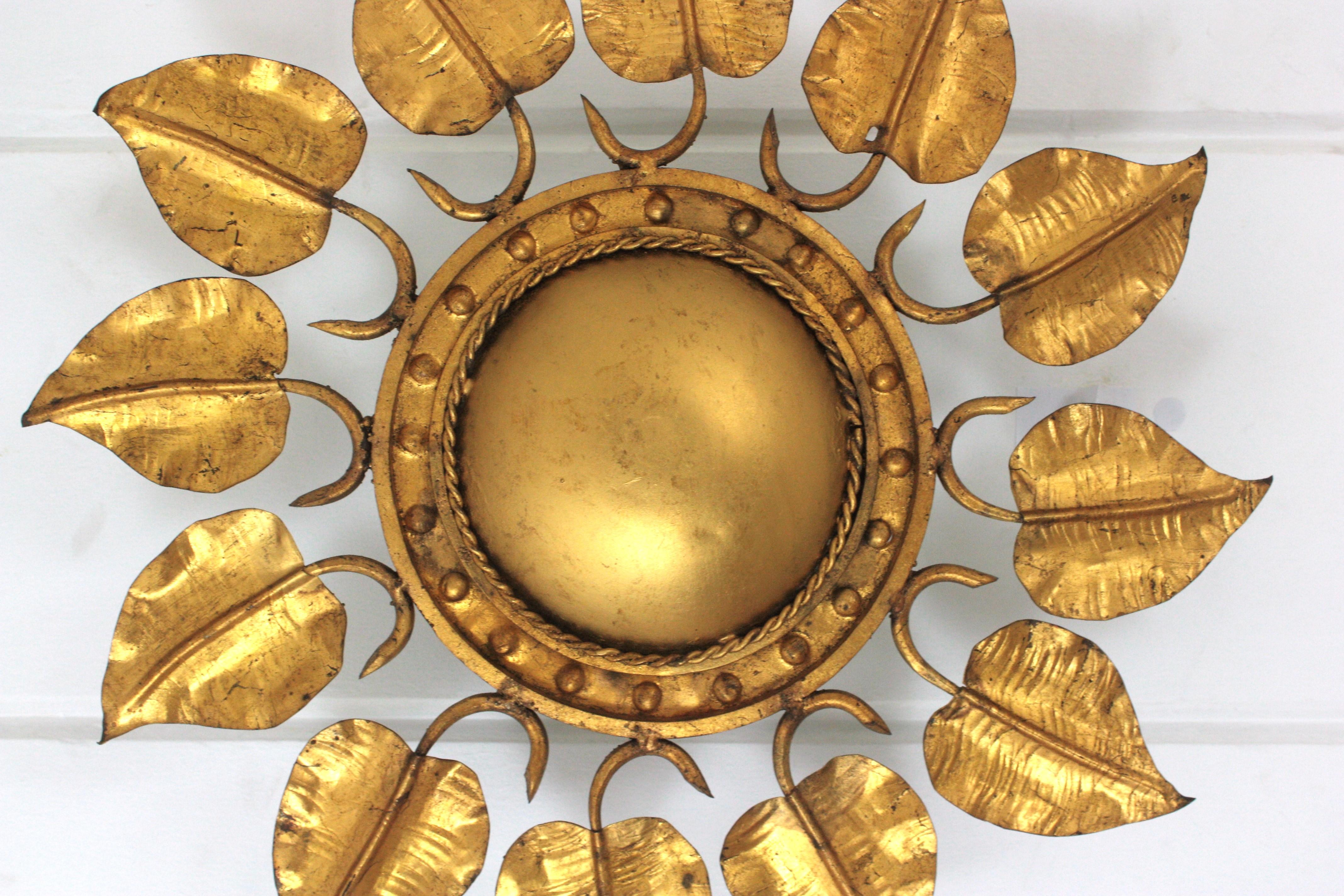 20th Century Sunburst Foliage Ceiling Light Fixture in Gilt Iron, Ferro Art For Sale