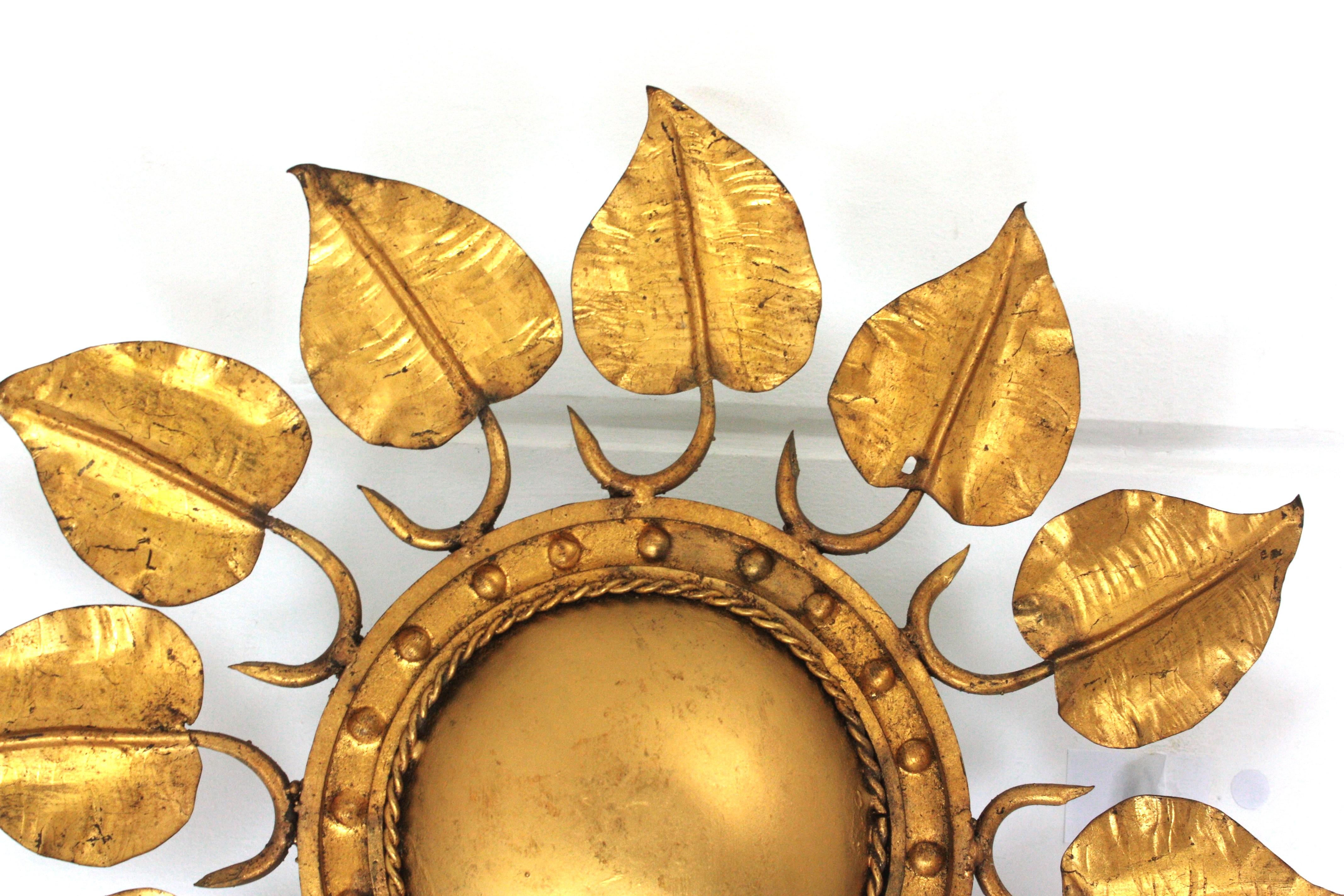 Sunburst Foliage Ceiling Light Fixture in Gilt Iron, Ferro Art For Sale 1