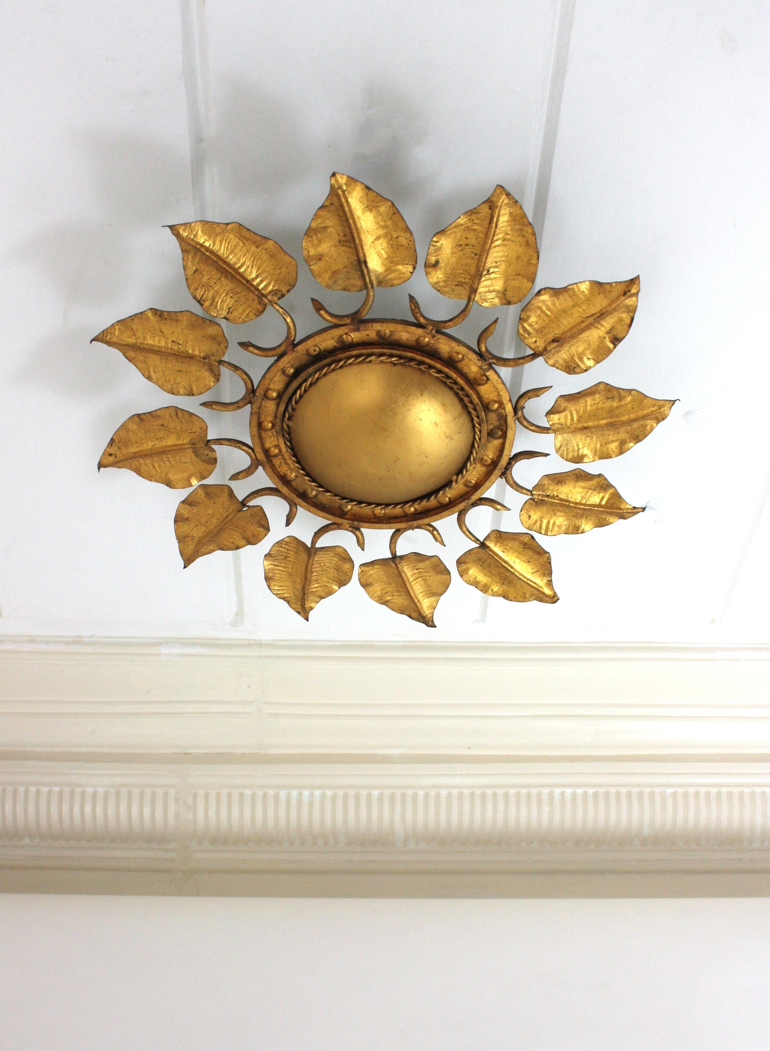 Sunburst Foliage Ceiling Light Fixture in Gilt Iron, Ferro Art For Sale 2