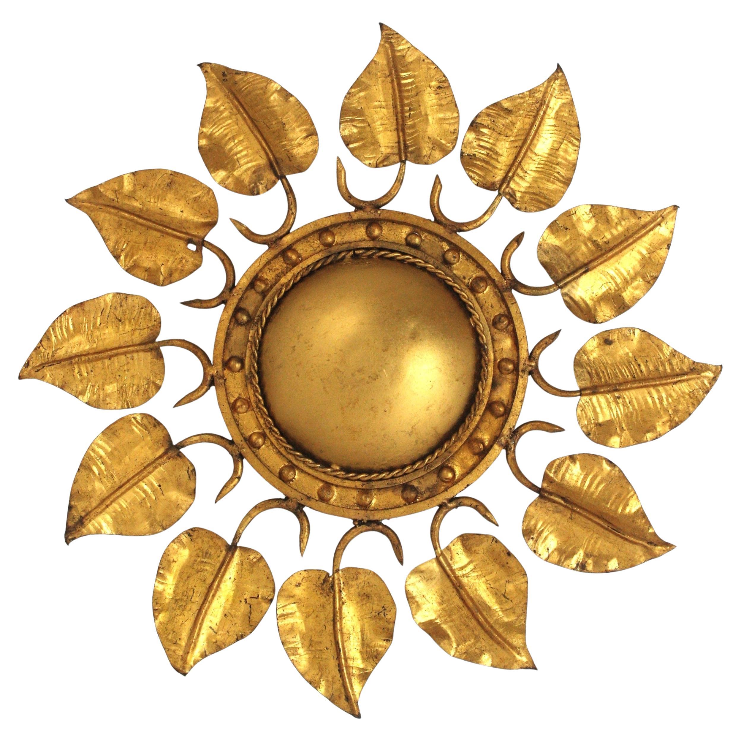 Sunburst Foliage Ceiling Light Fixture in Gilt Iron, Ferro Art