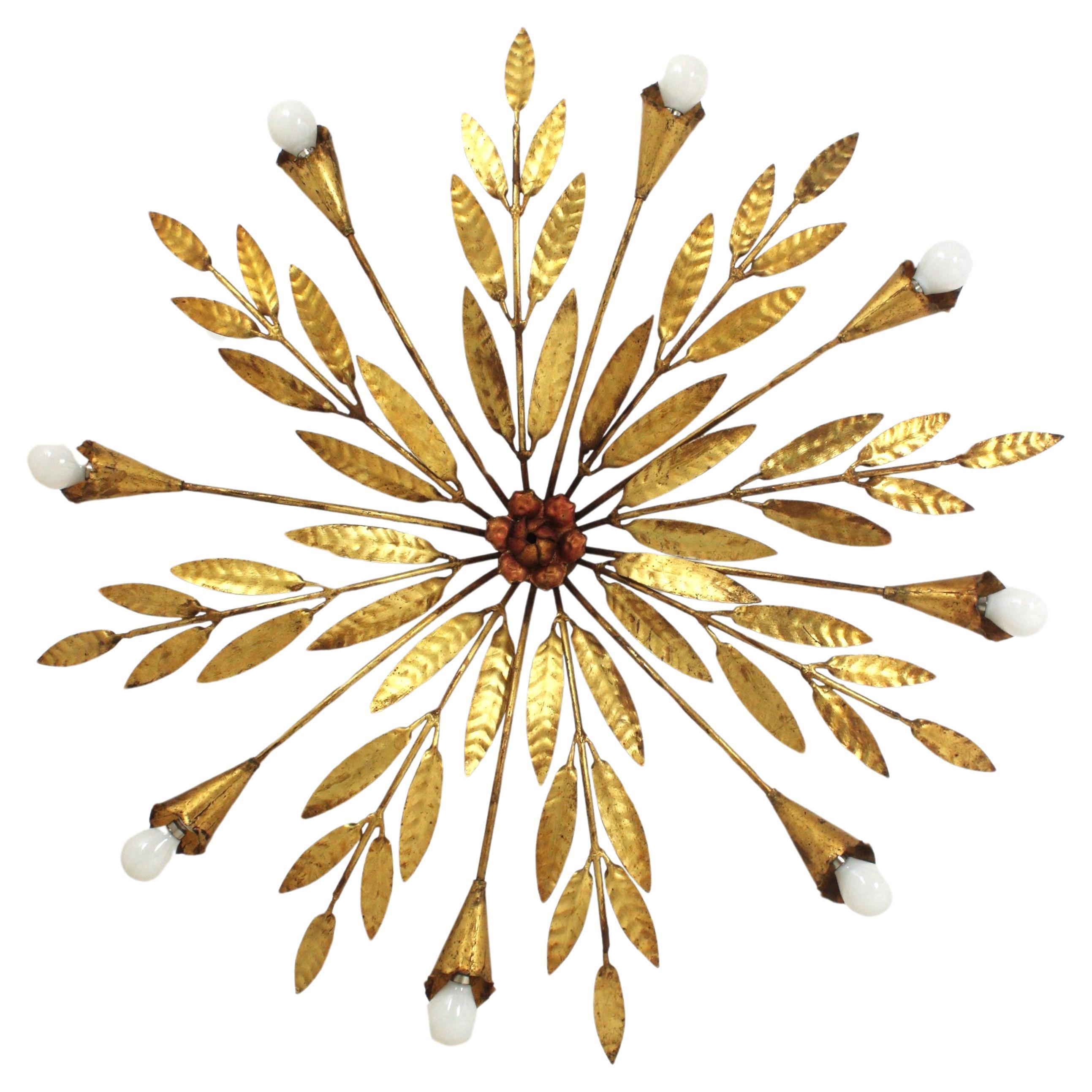 Sunburst Foliage Ceiling Light Fixture in Gilt Iron with Flower Detail, 8 Lights