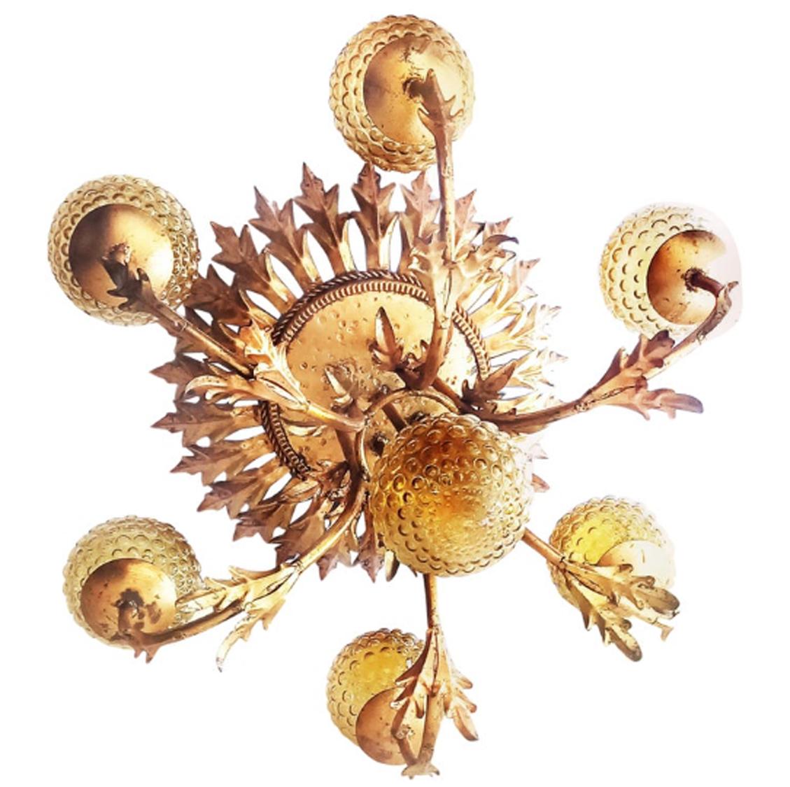Sunburst Foliage Floral Ceiling Light / Chandelier Large Size, Rare Spectacular In Excellent Condition For Sale In Mombuey, Zamora