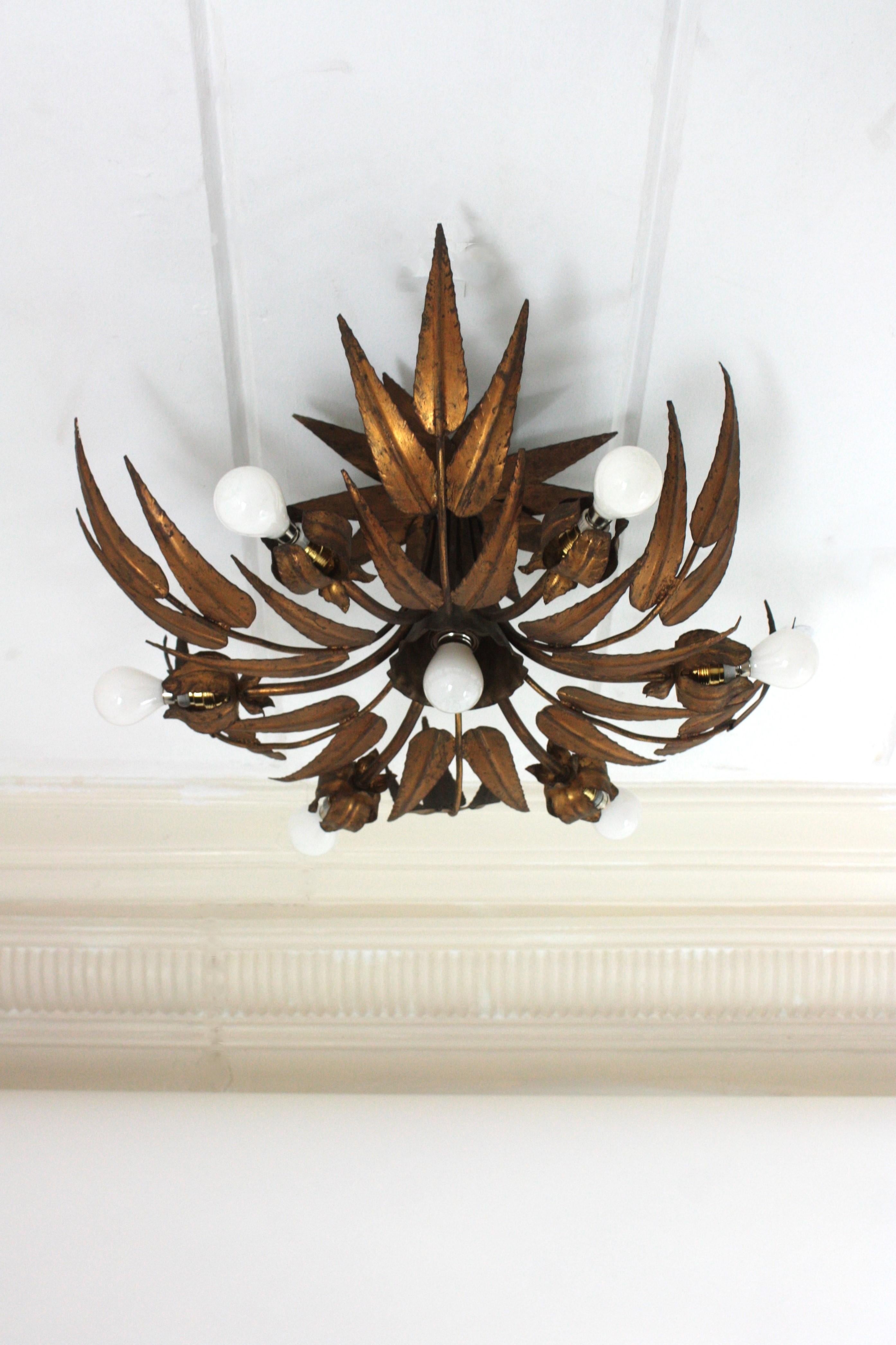 Mid-Century Modern Sunburst Foliage Floral Ceiling Light Fixture / Chandelier For Sale