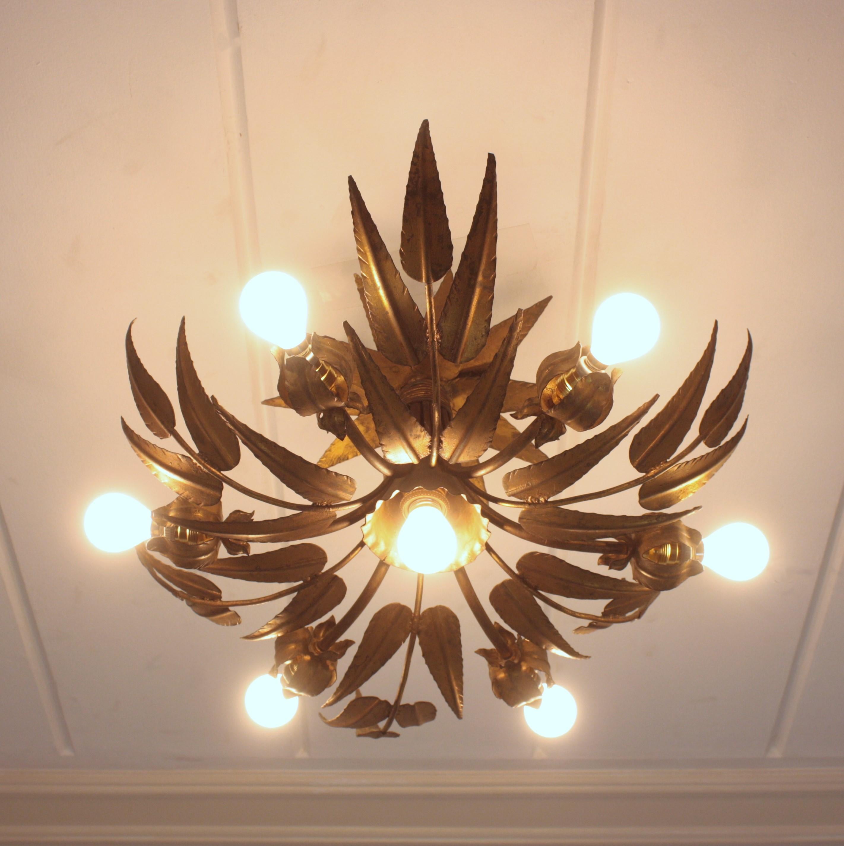 Spanish Sunburst Foliage Floral Ceiling Light Fixture / Chandelier For Sale