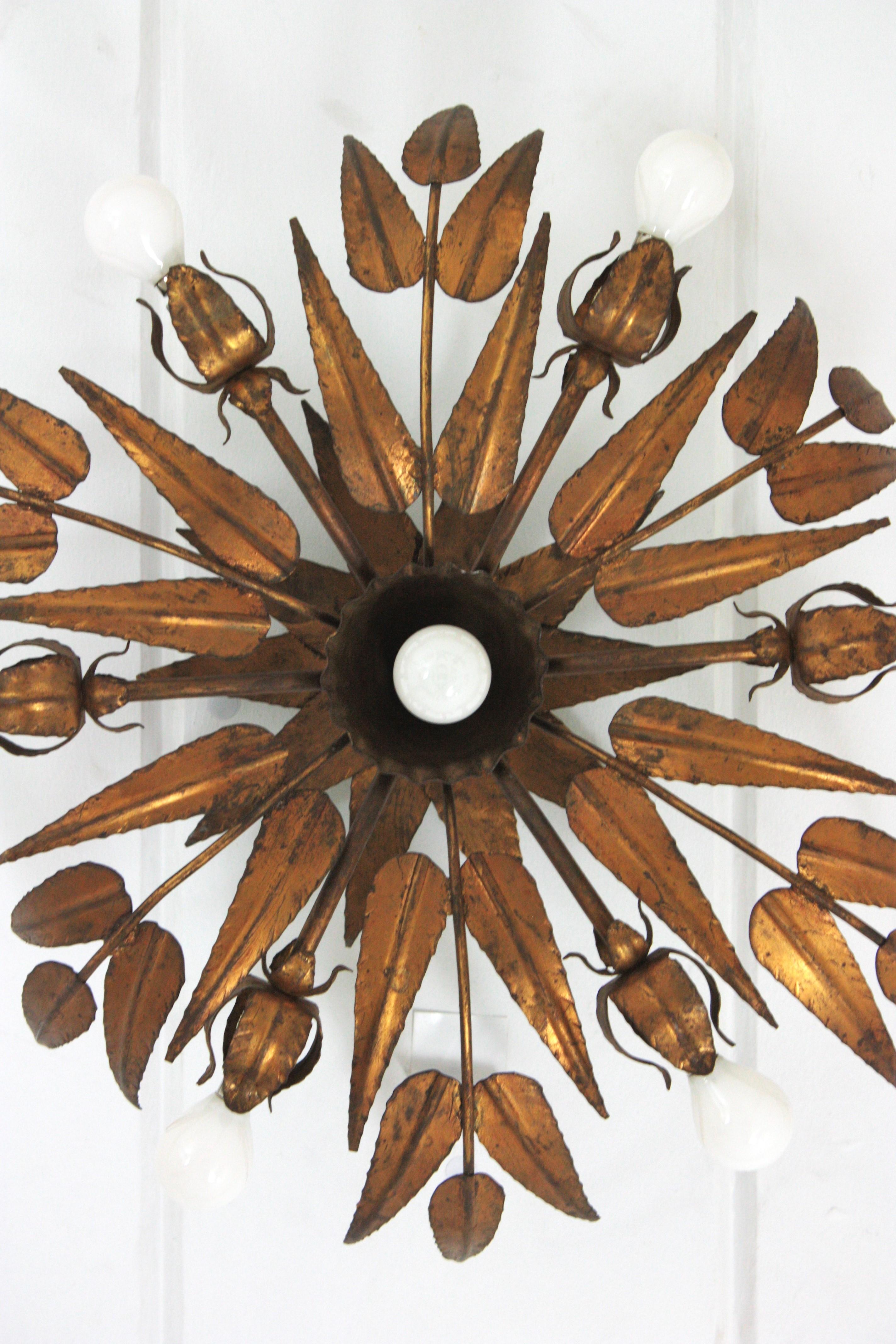 Gilt Sunburst Foliage Floral Ceiling Light Fixture / Chandelier For Sale