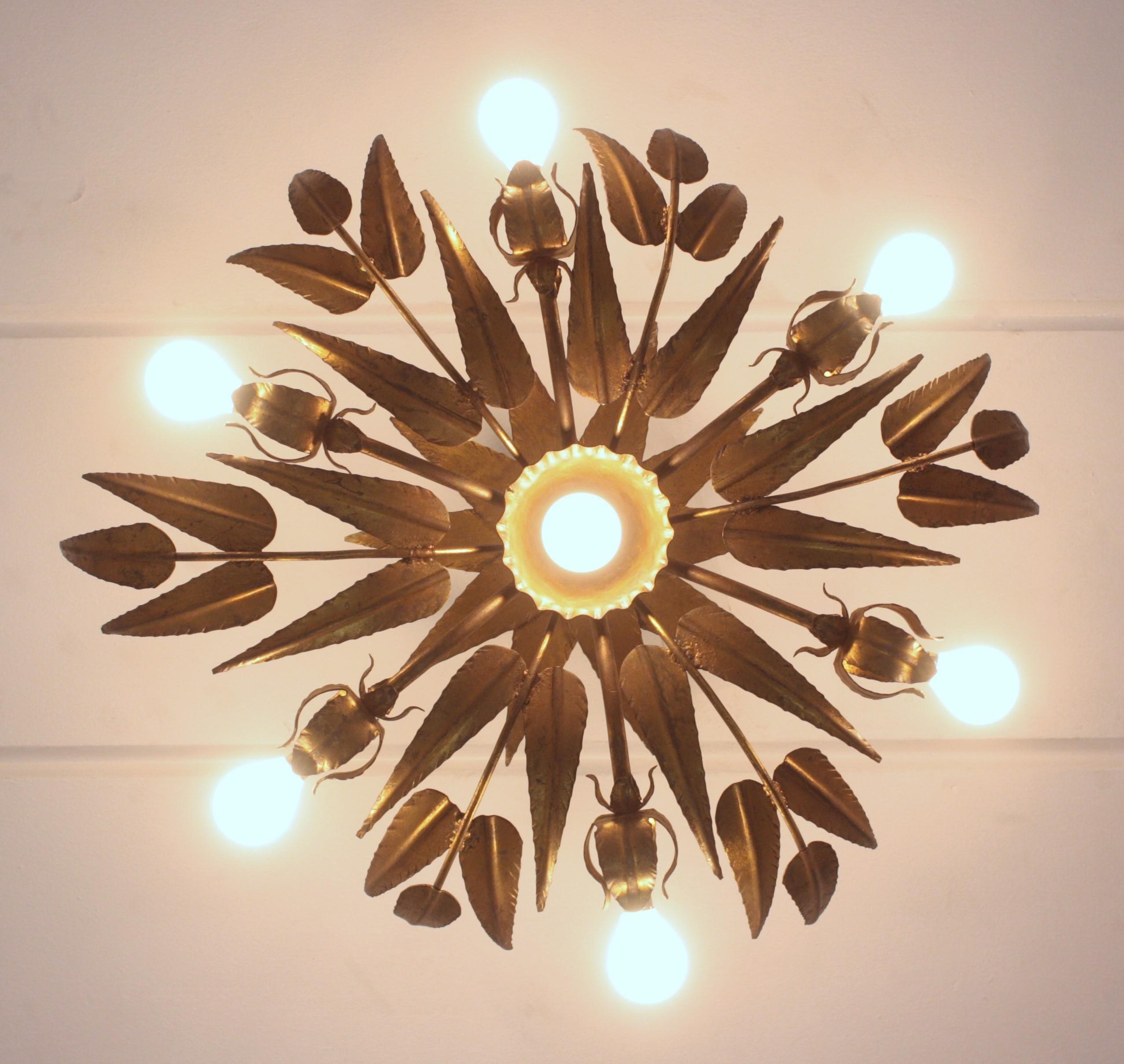 Metal Sunburst Foliage Floral Ceiling Light Fixture / Chandelier For Sale