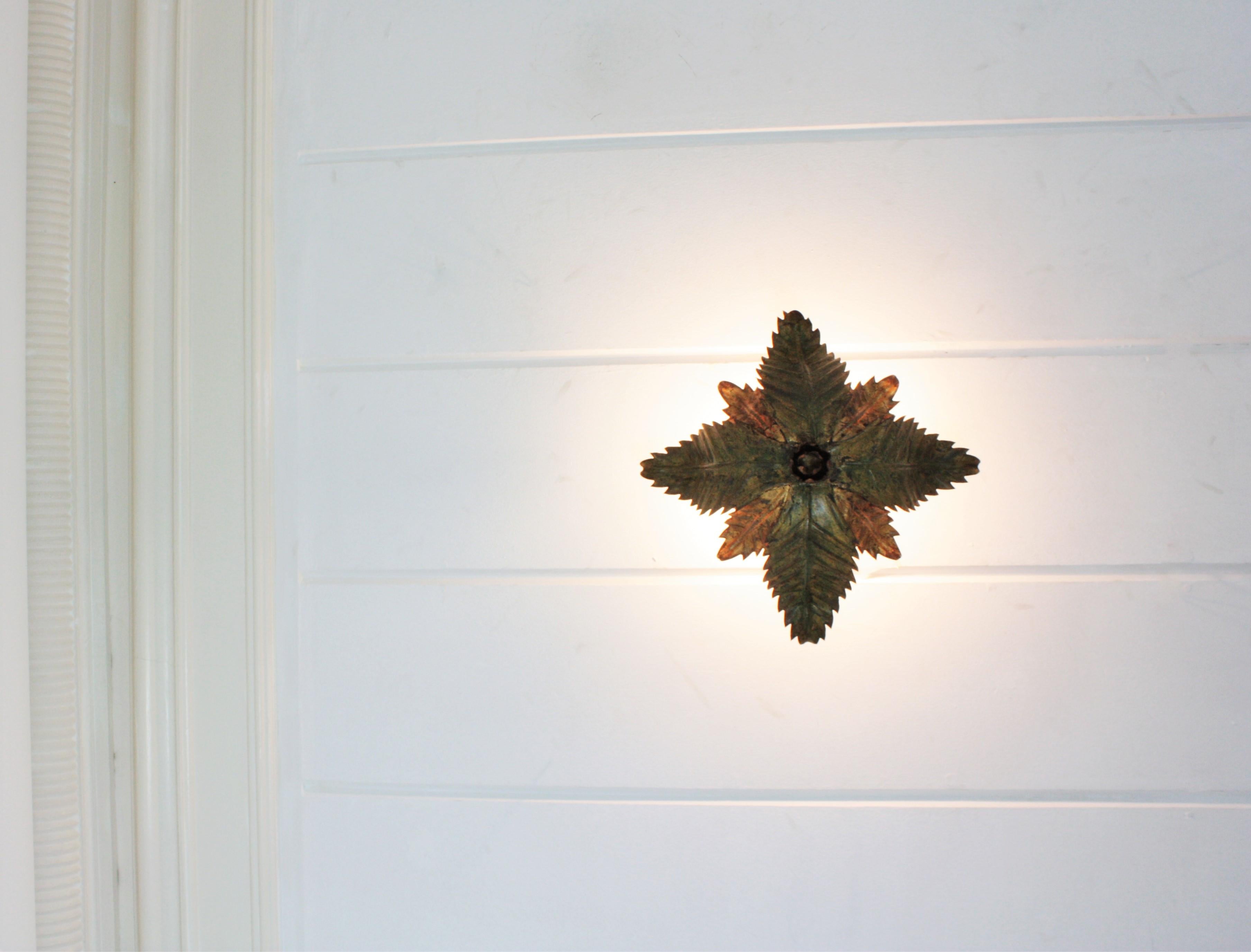 Sunburst Foliage Floral Light Fixture in Two-Tone Gilt Wrought Iron, 1950s For Sale 3