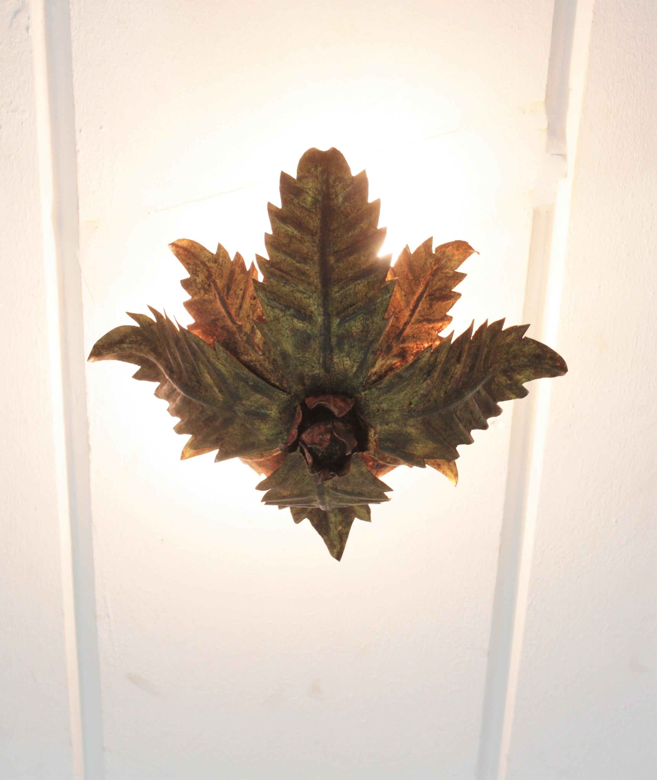 Sunburst Foliage Floral Light Fixture in Two-Tone Gilt Wrought Iron, 1950s  3