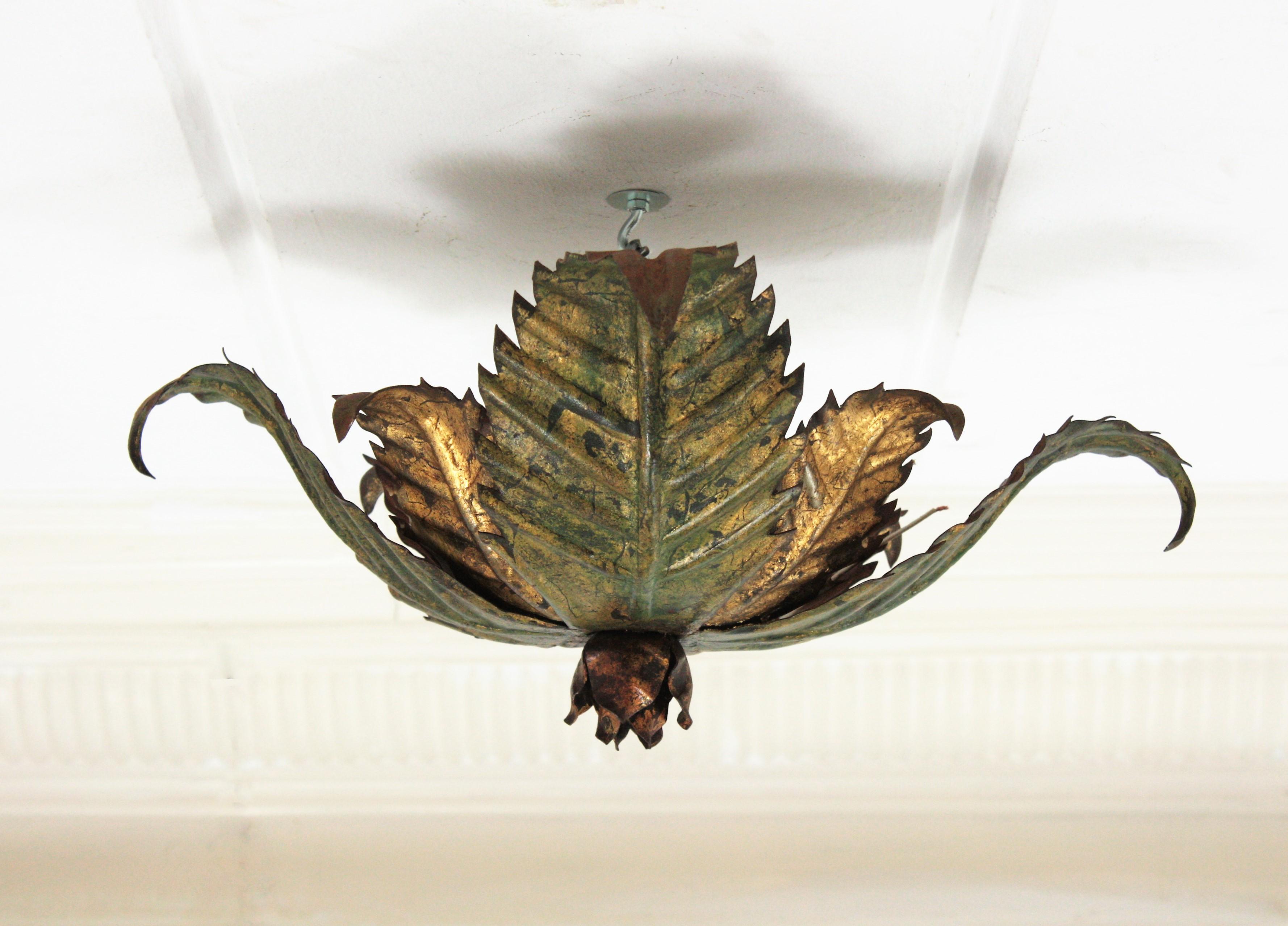Sunburst Foliage Floral Light Fixture in Two-Tone Gilt Wrought Iron, 1950s For Sale 4