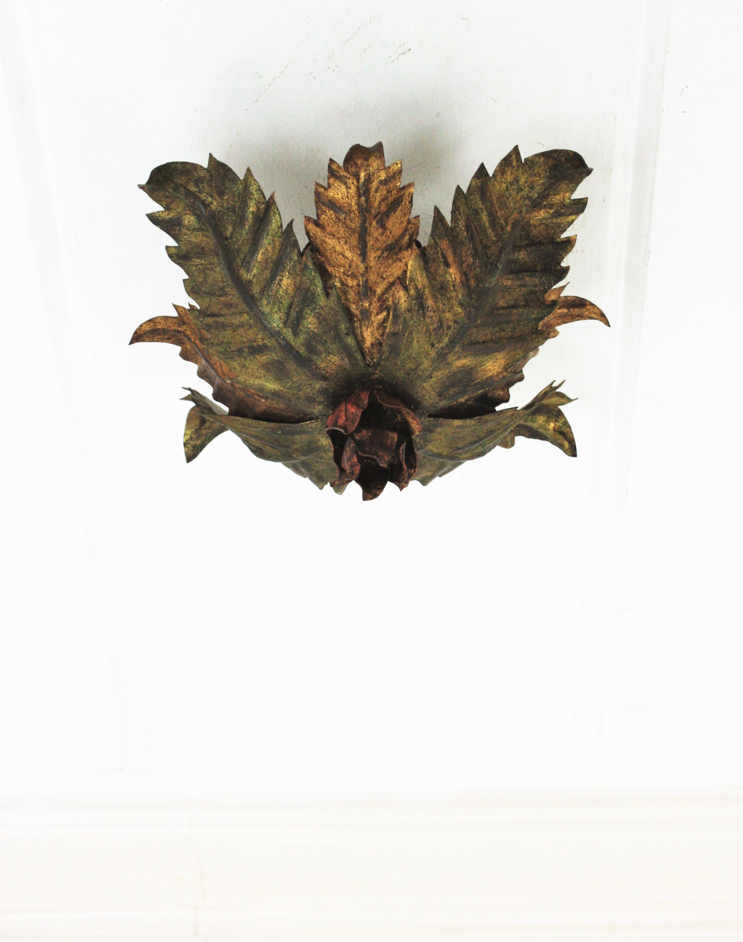 Sunburst Foliage Floral Light Fixture in Two-Tone Gilt Wrought Iron, 1950s  7