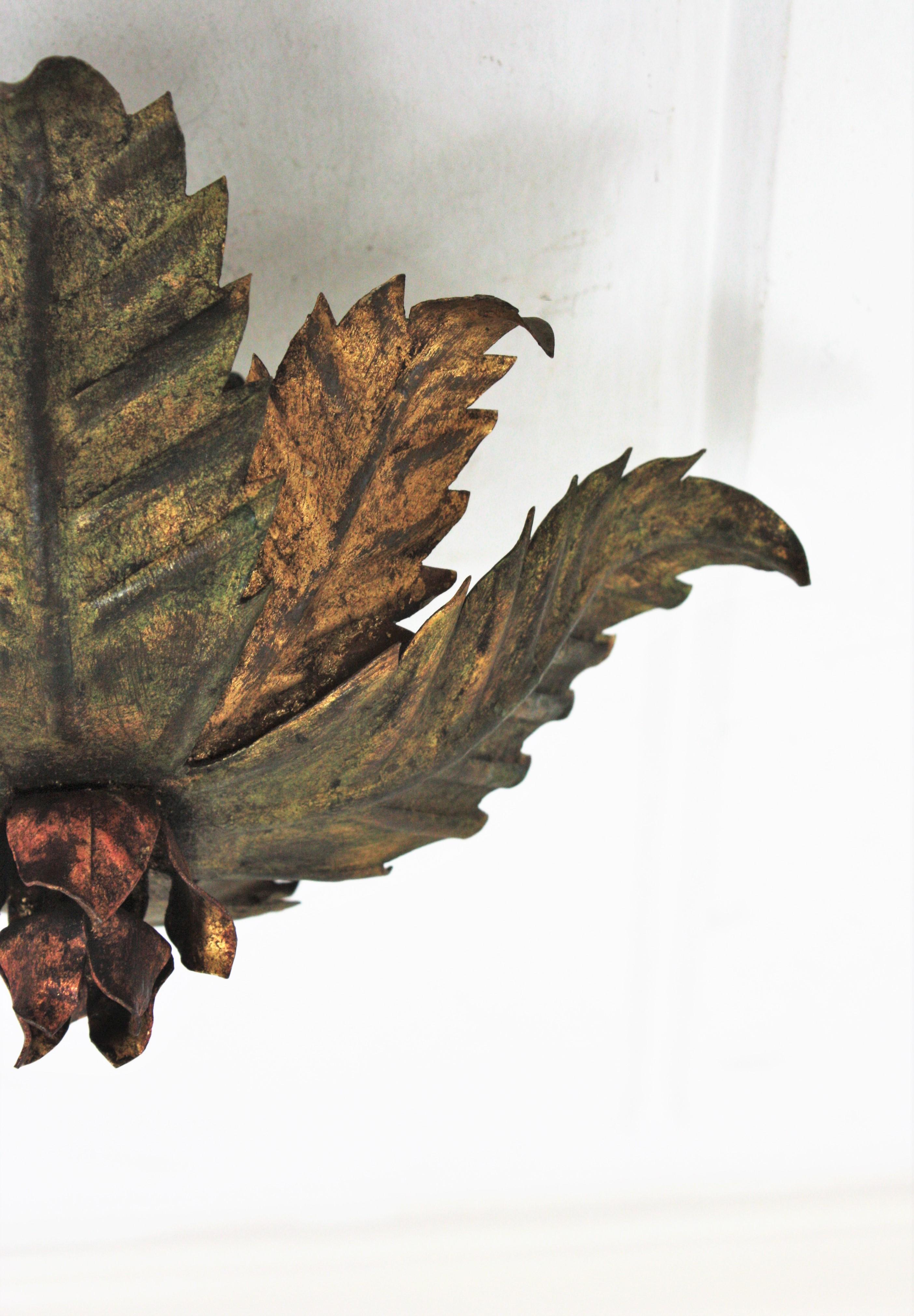 Sunburst Foliage Floral Light Fixture in Two-Tone Gilt Wrought Iron, 1950s  11