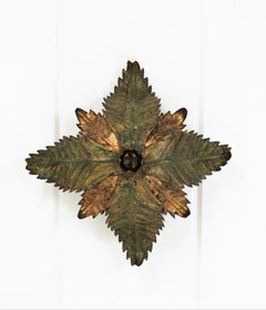 Sonnenschliff-Blumenleuchte aus vergoldetem Schmiedeeisen mit Blumenmuster, 1950er Jahre