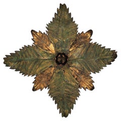 Sunburst Foliage Floral Light Fixture in Two-Tone Gilt Wrought Iron, 1950s