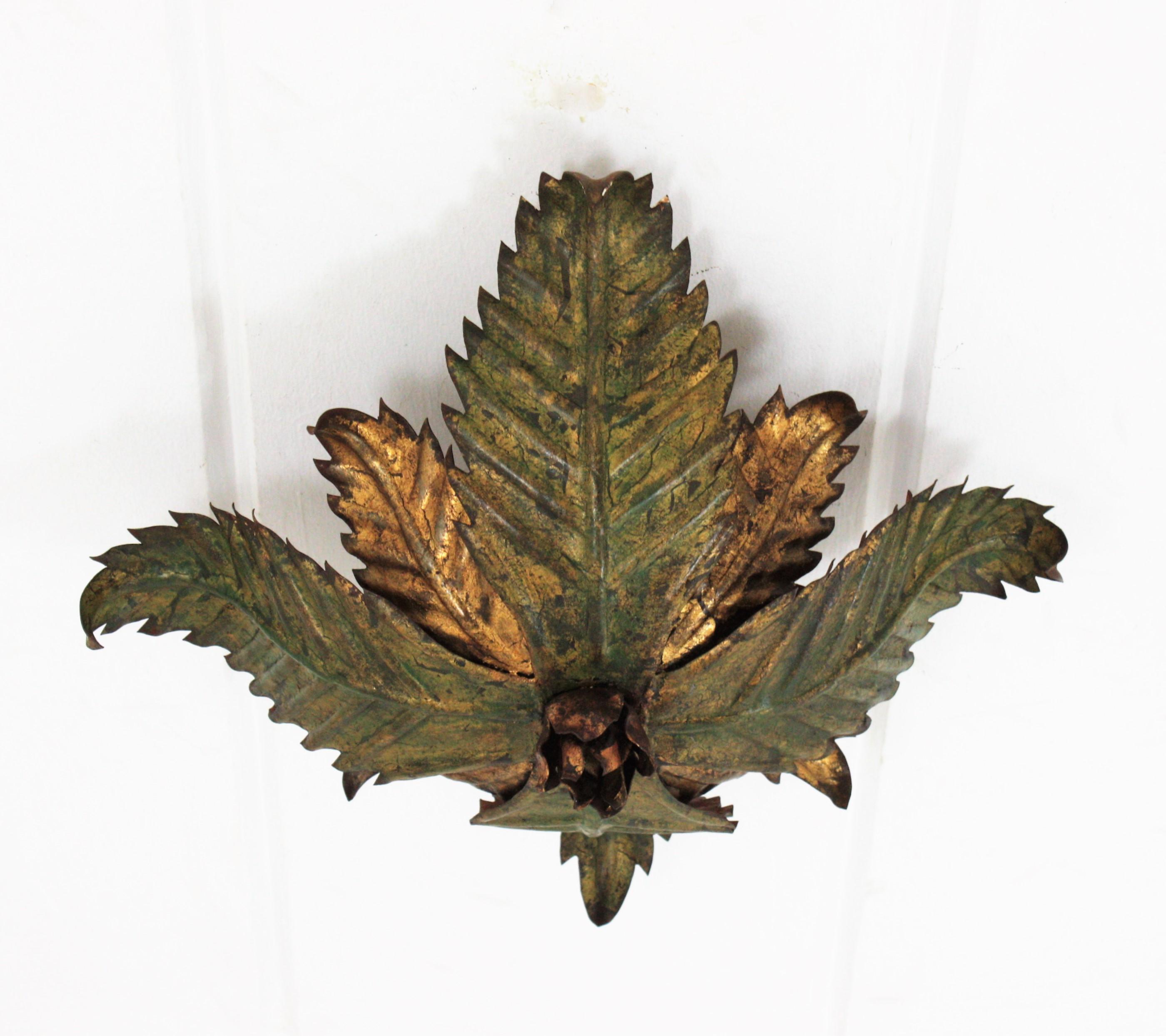 Spanish Sunburst Foliage Floral Light Fixture in Two-Tone Gilt Wrought Iron, 1950s For Sale