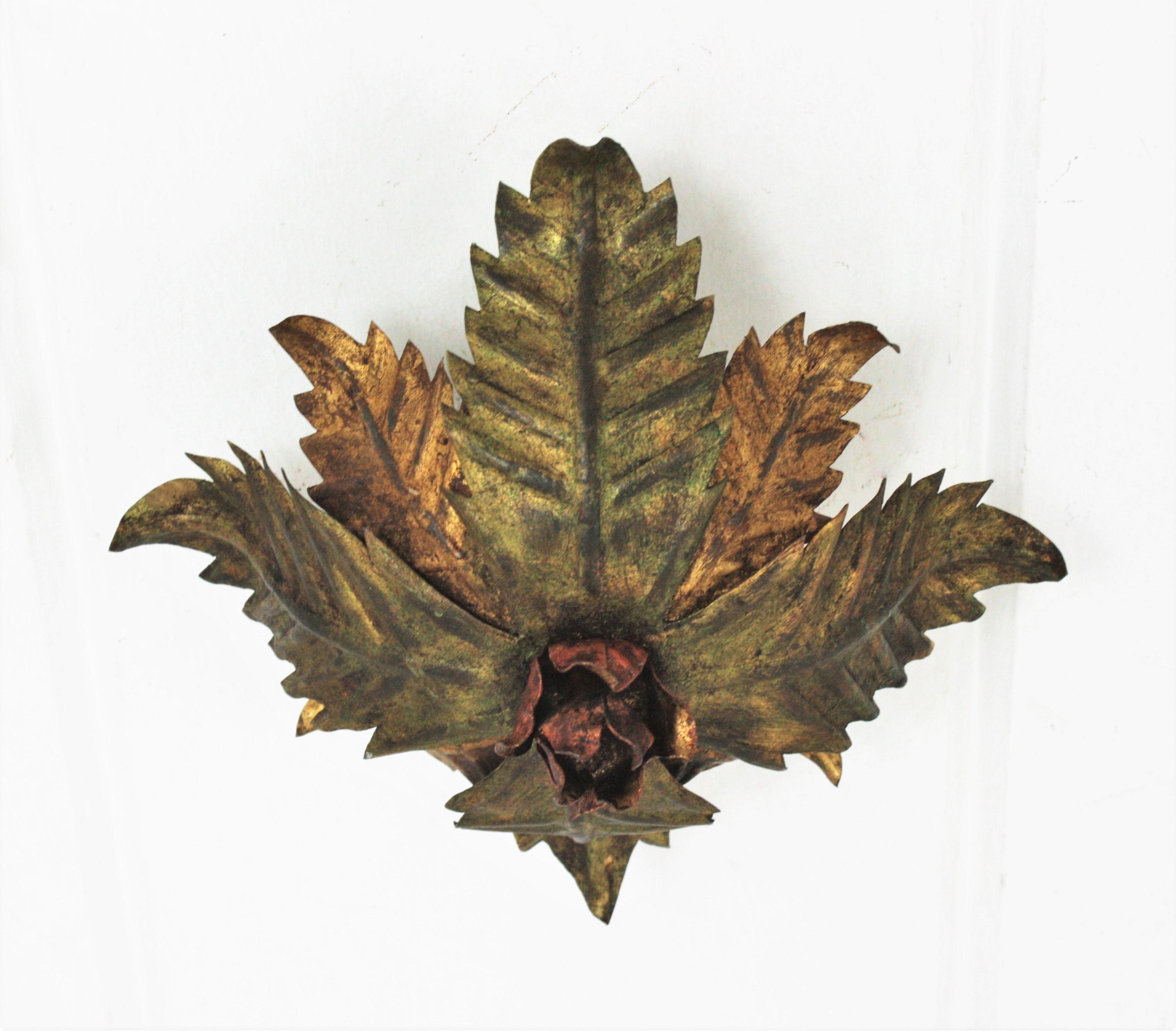 Patinated Sunburst Foliage Floral Light Fixture in Two-Tone Gilt Wrought Iron, 1950s 