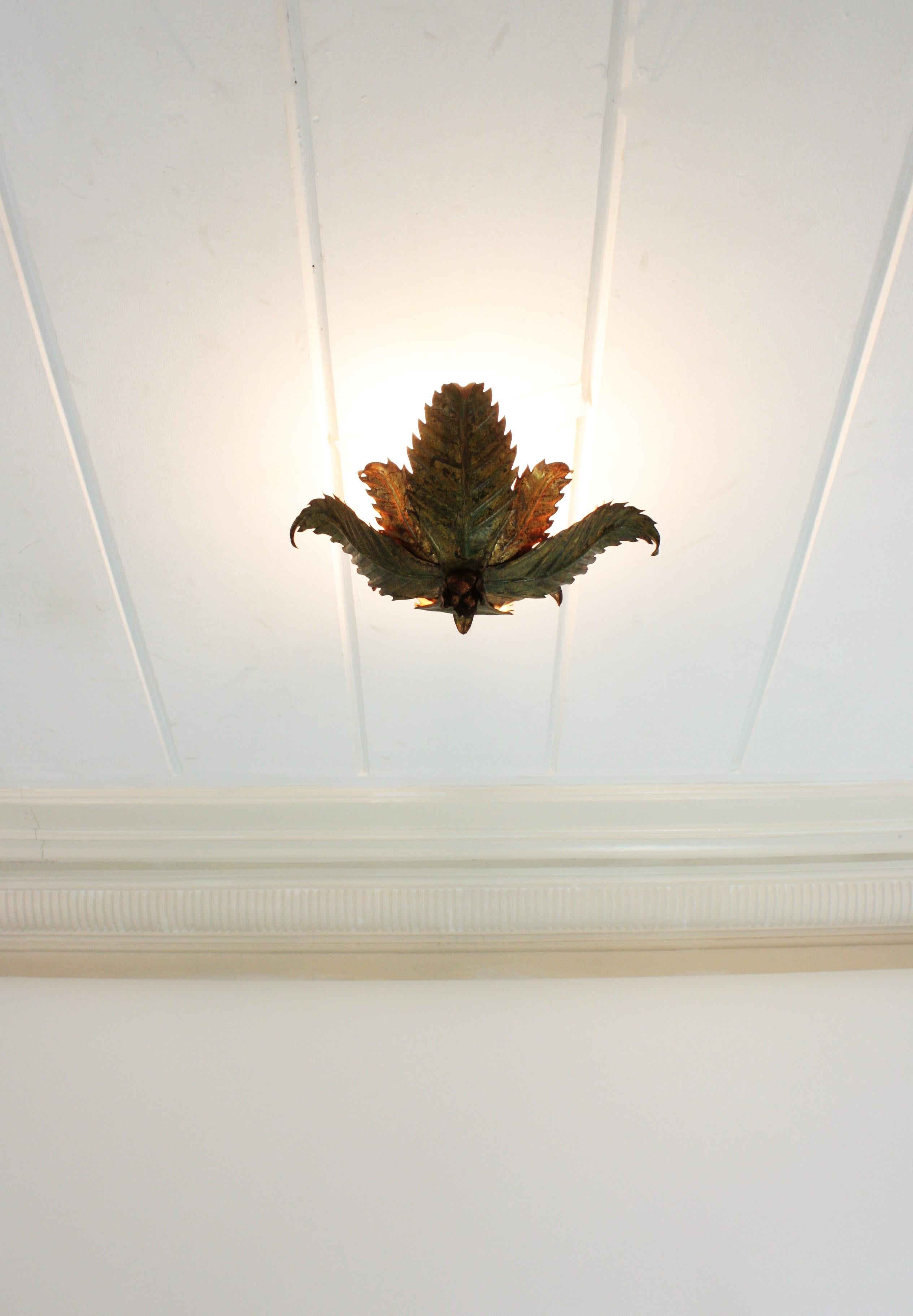 20th Century Sunburst Foliage Floral Light Fixture in Two-Tone Gilt Wrought Iron, 1950s For Sale
