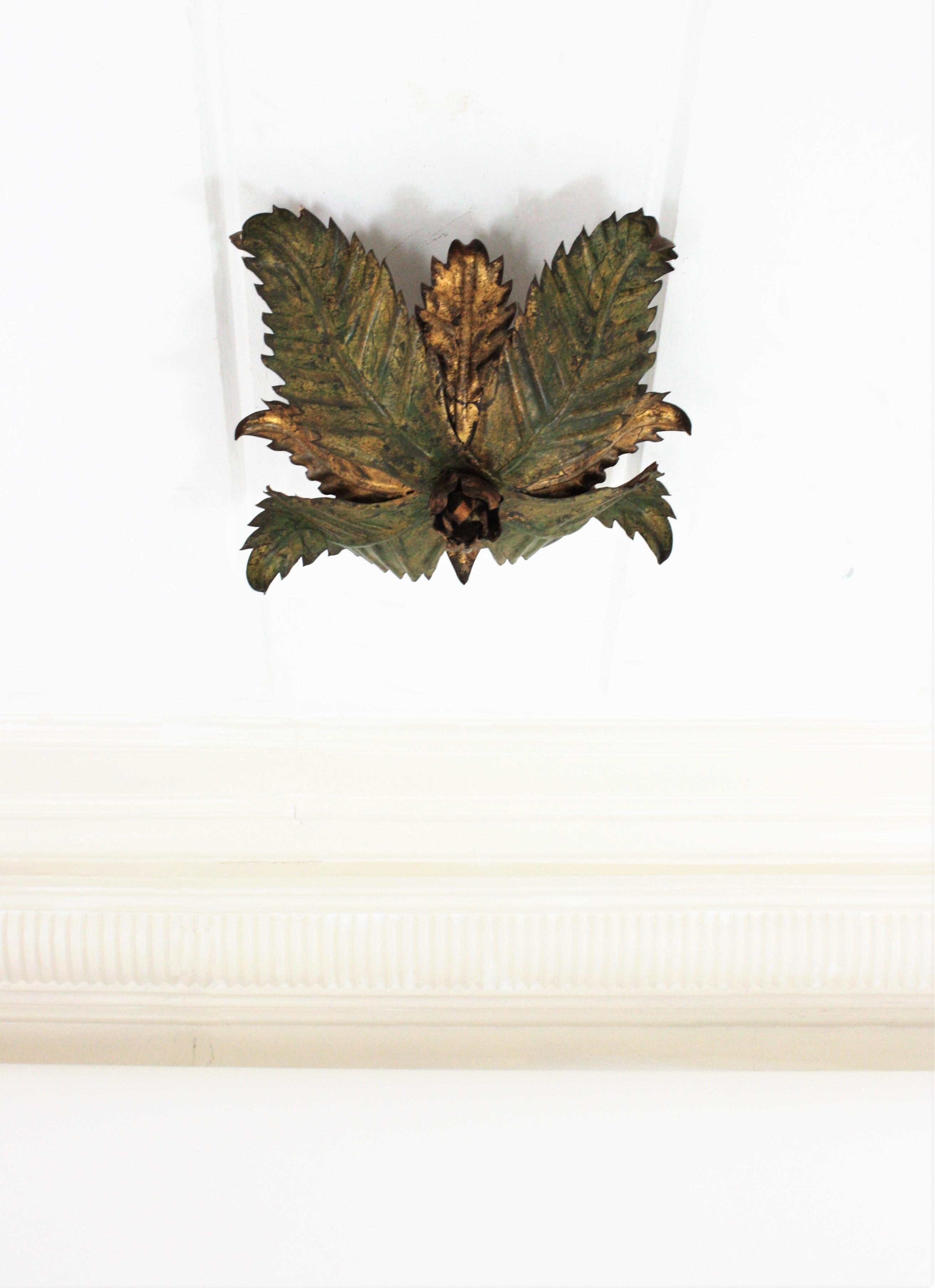 Gold Leaf Sunburst Foliage Floral Light Fixture in Two-Tone Gilt Wrought Iron, 1950s For Sale