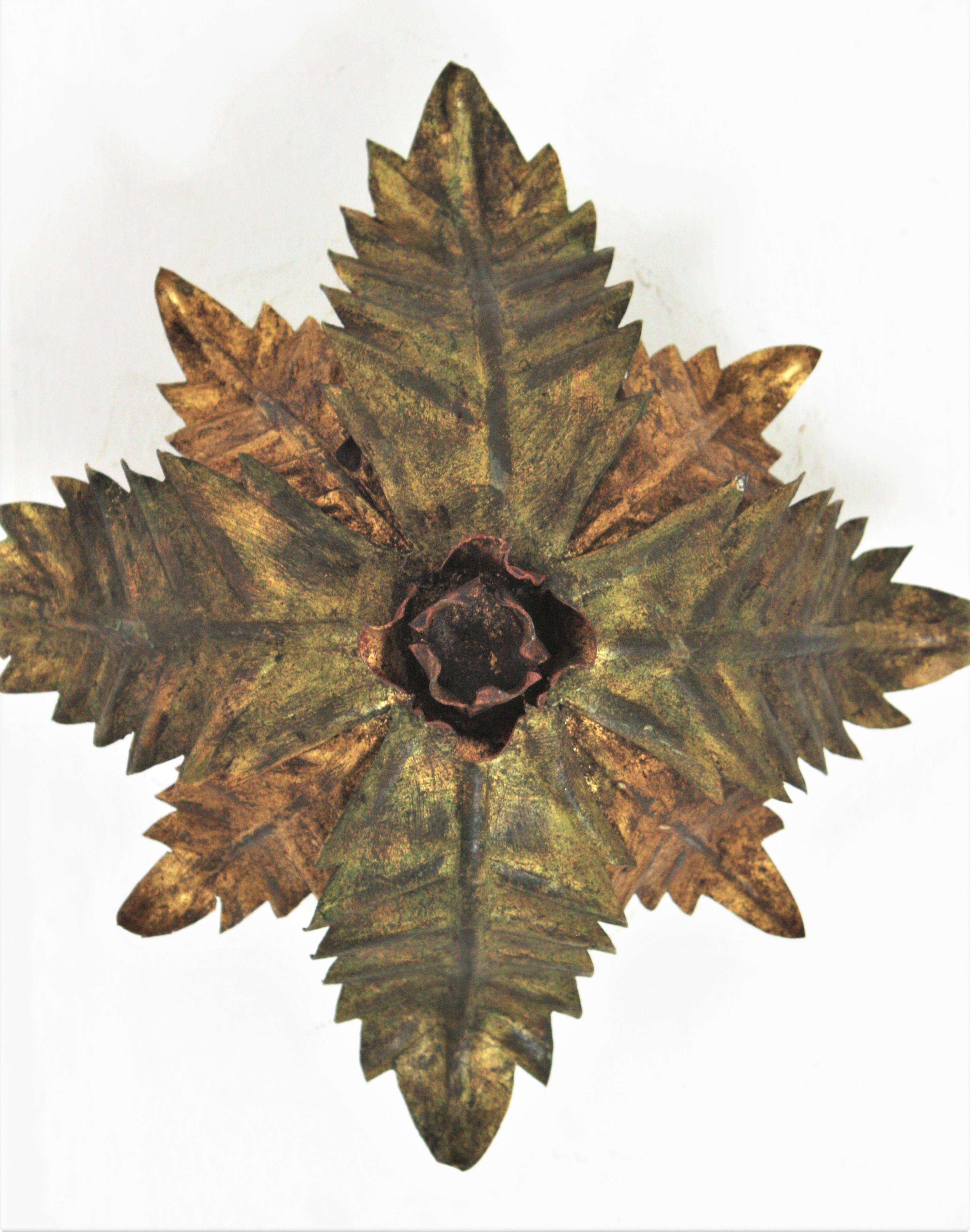 20th Century Sunburst Foliage Floral Light Fixture in Two-Tone Gilt Wrought Iron, 1950s 