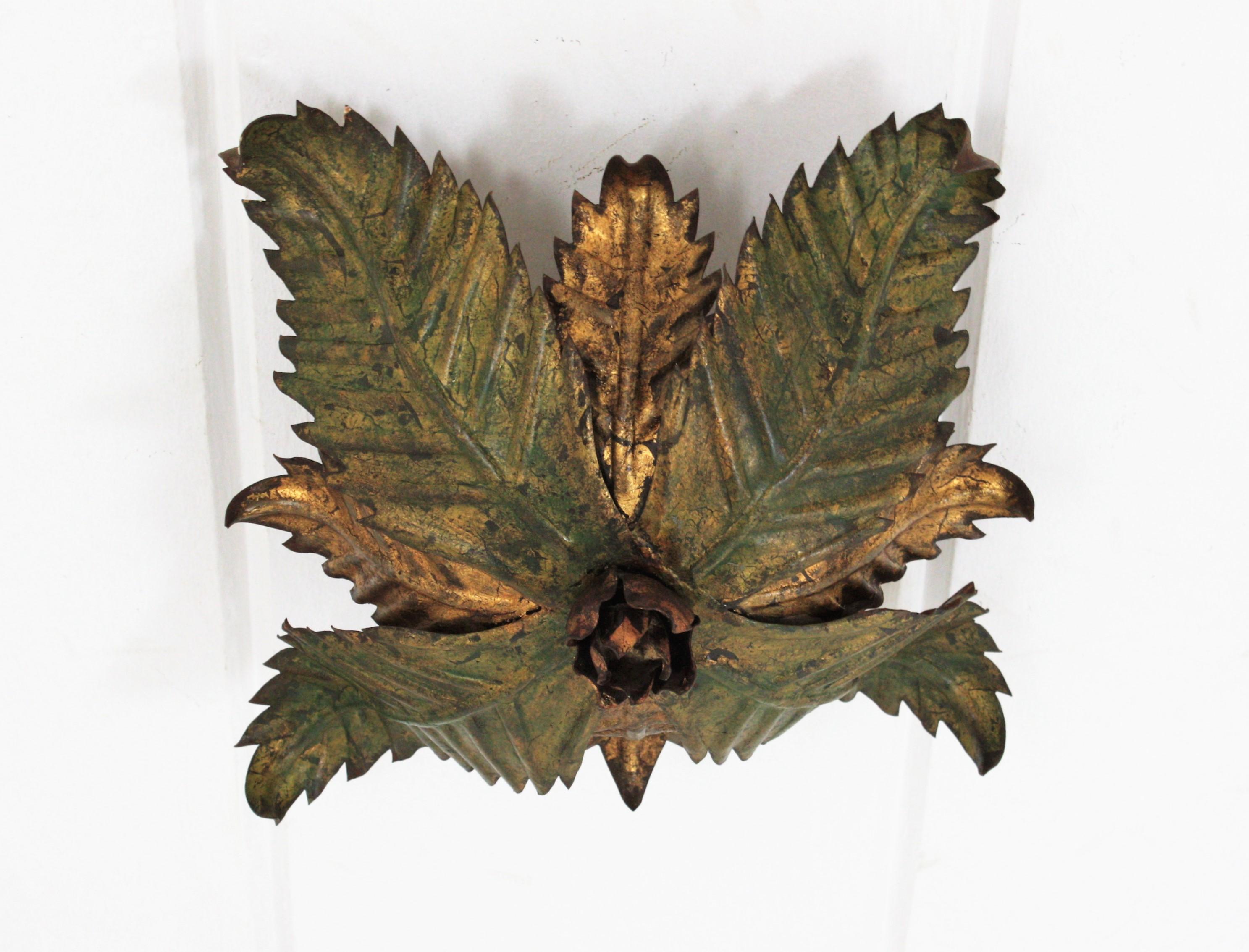 Sunburst Foliage Floral Light Fixture in Two-Tone Gilt Wrought Iron, 1950s For Sale 1
