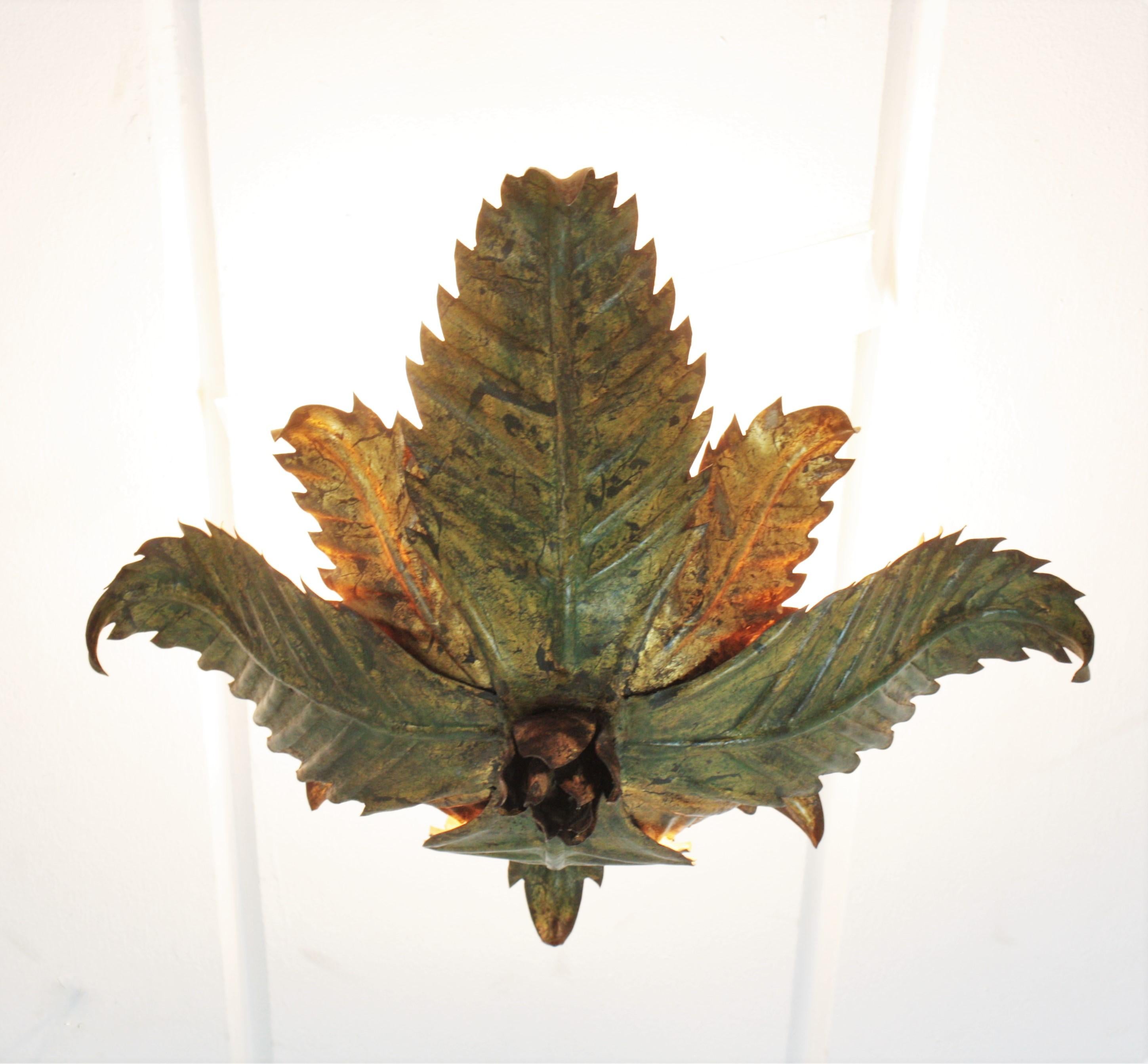 Sunburst Foliage Floral Light Fixture in Two-Tone Gilt Wrought Iron, 1950s For Sale 2