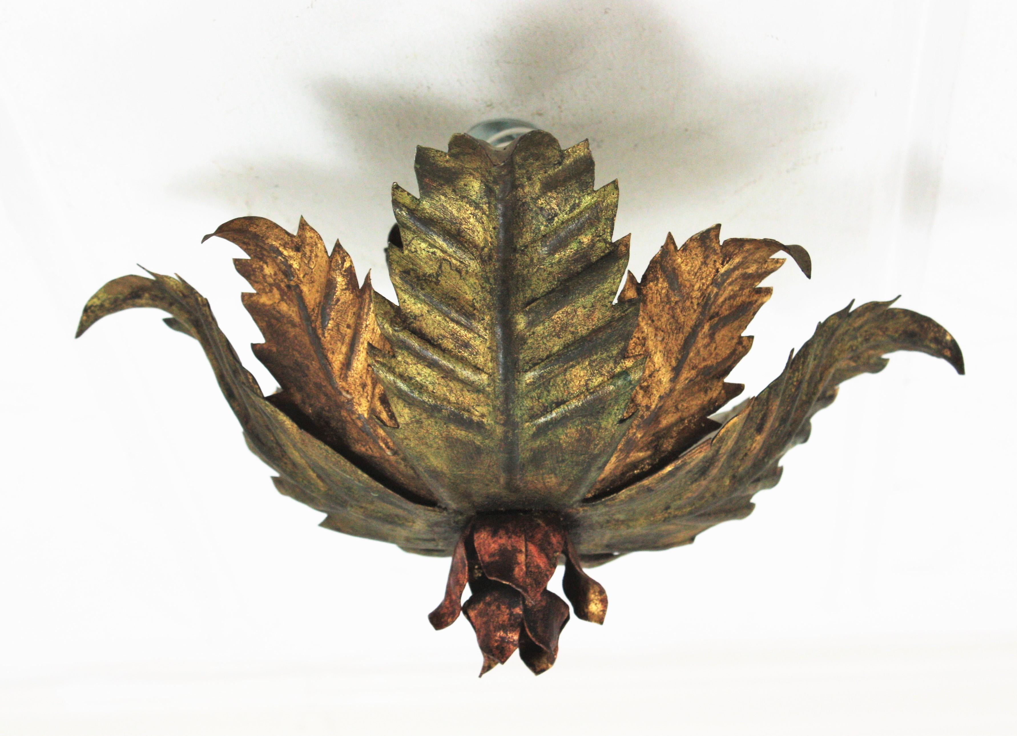 Sunburst Foliage Floral Light Fixture in Two-Tone Gilt Wrought Iron, 1950s  2