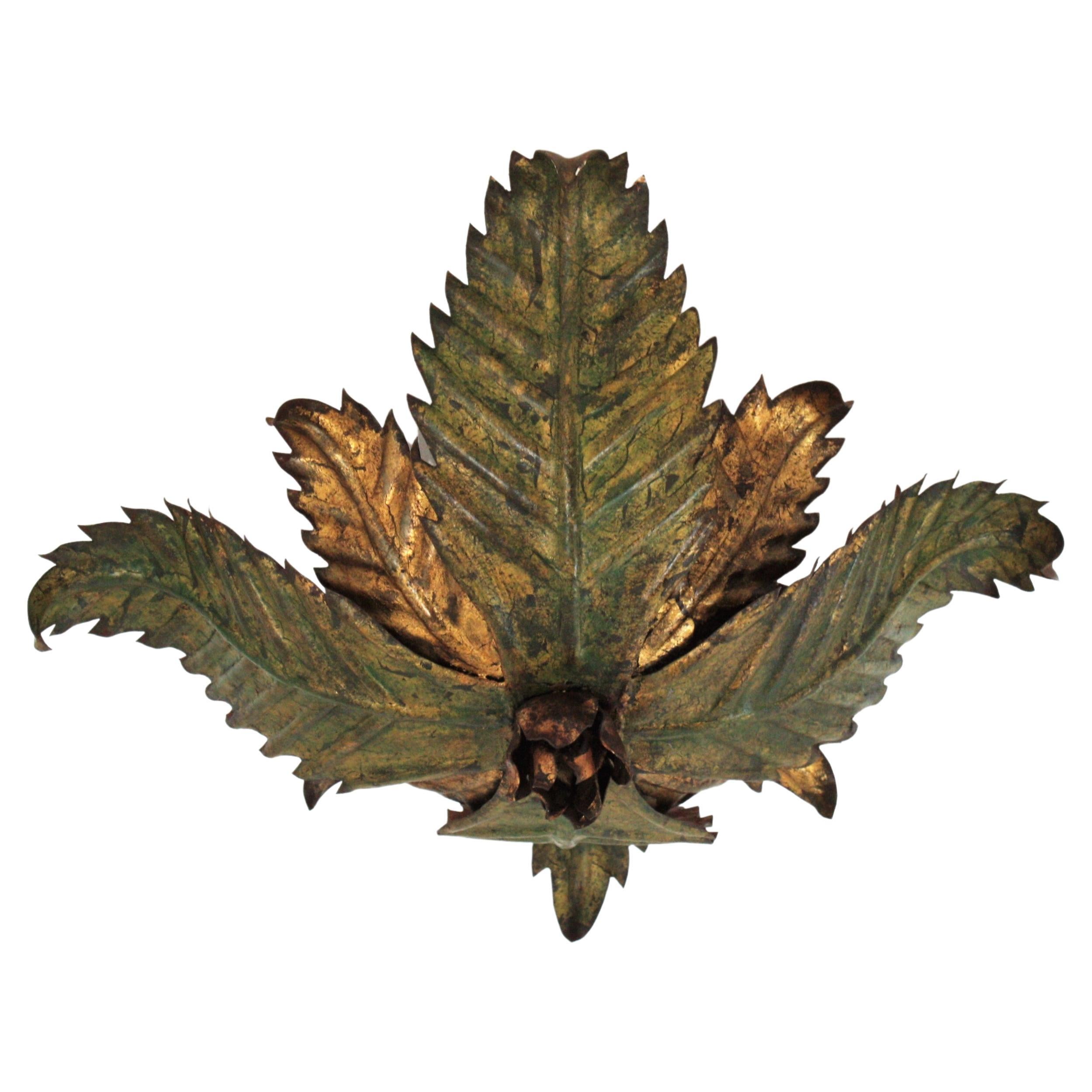 Sunburst Foliage Floral Light Fixture in Two-Tone Gilt Wrought Iron, 1950s For Sale