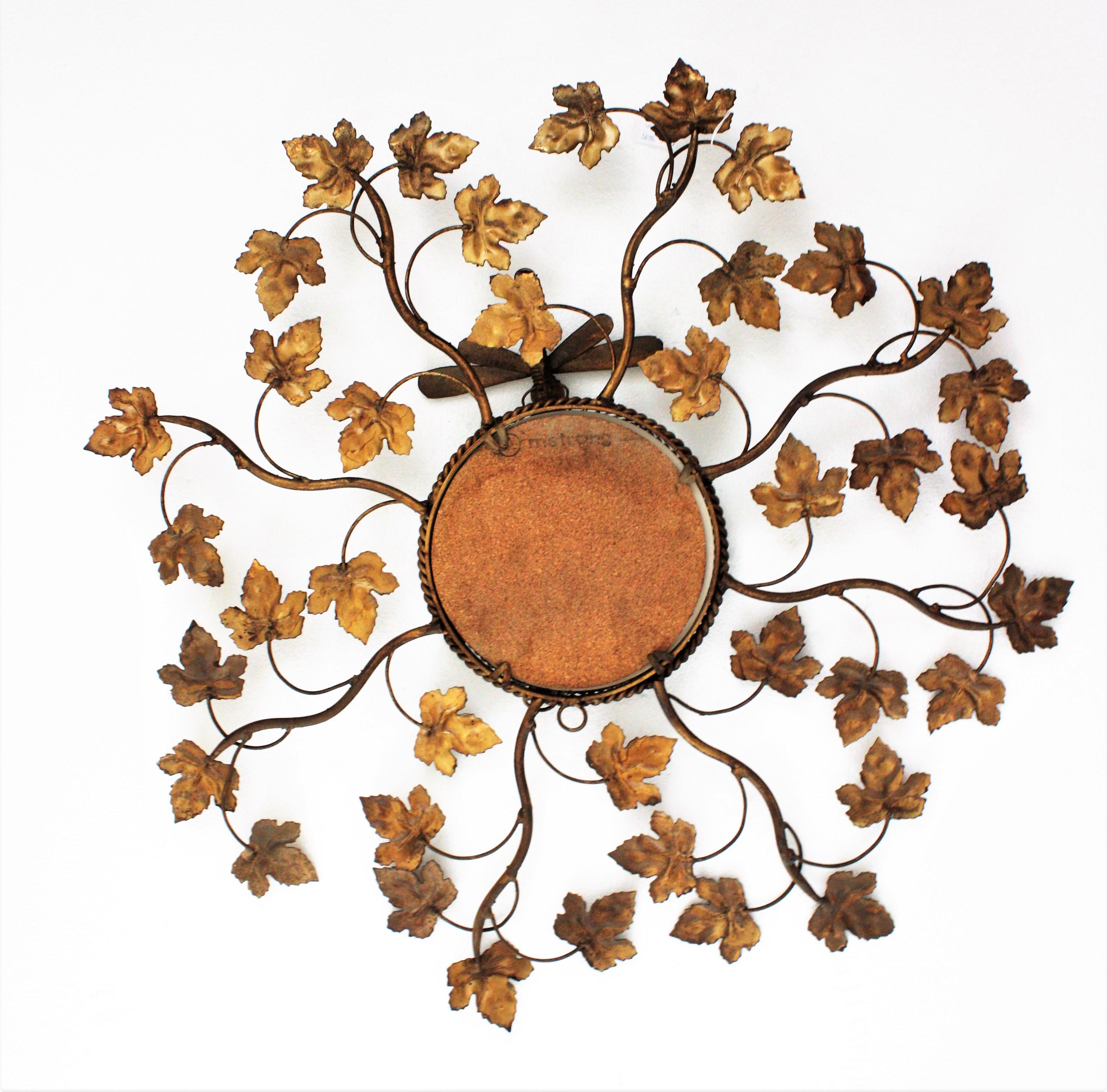Sunburst Foliage Mirror in Gilt Iron with Dragon Fly Motif, 1950s For Sale 4
