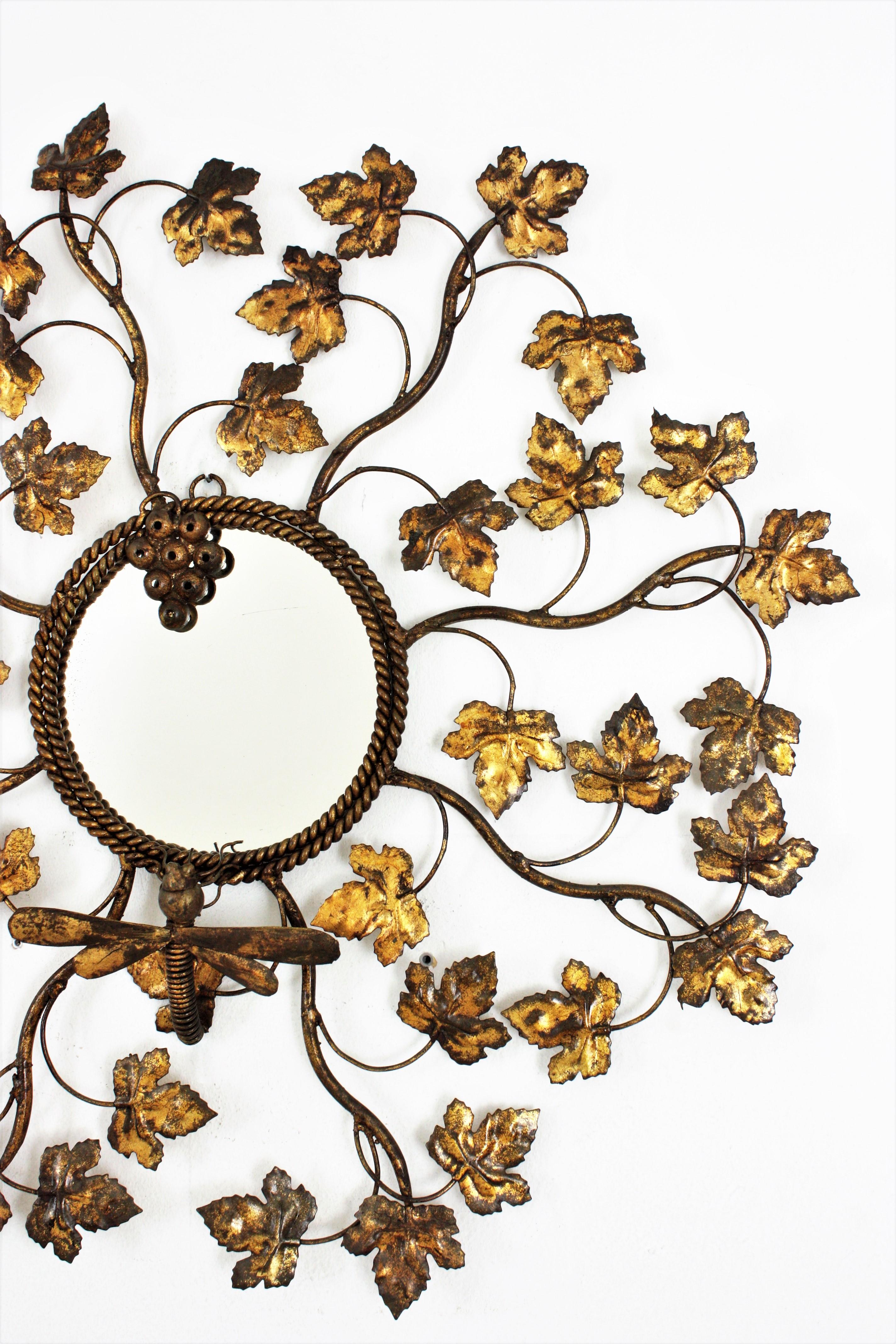 French Sunburst Foliage Mirror in Gilt Iron with Dragon Fly Motif, 1950s For Sale