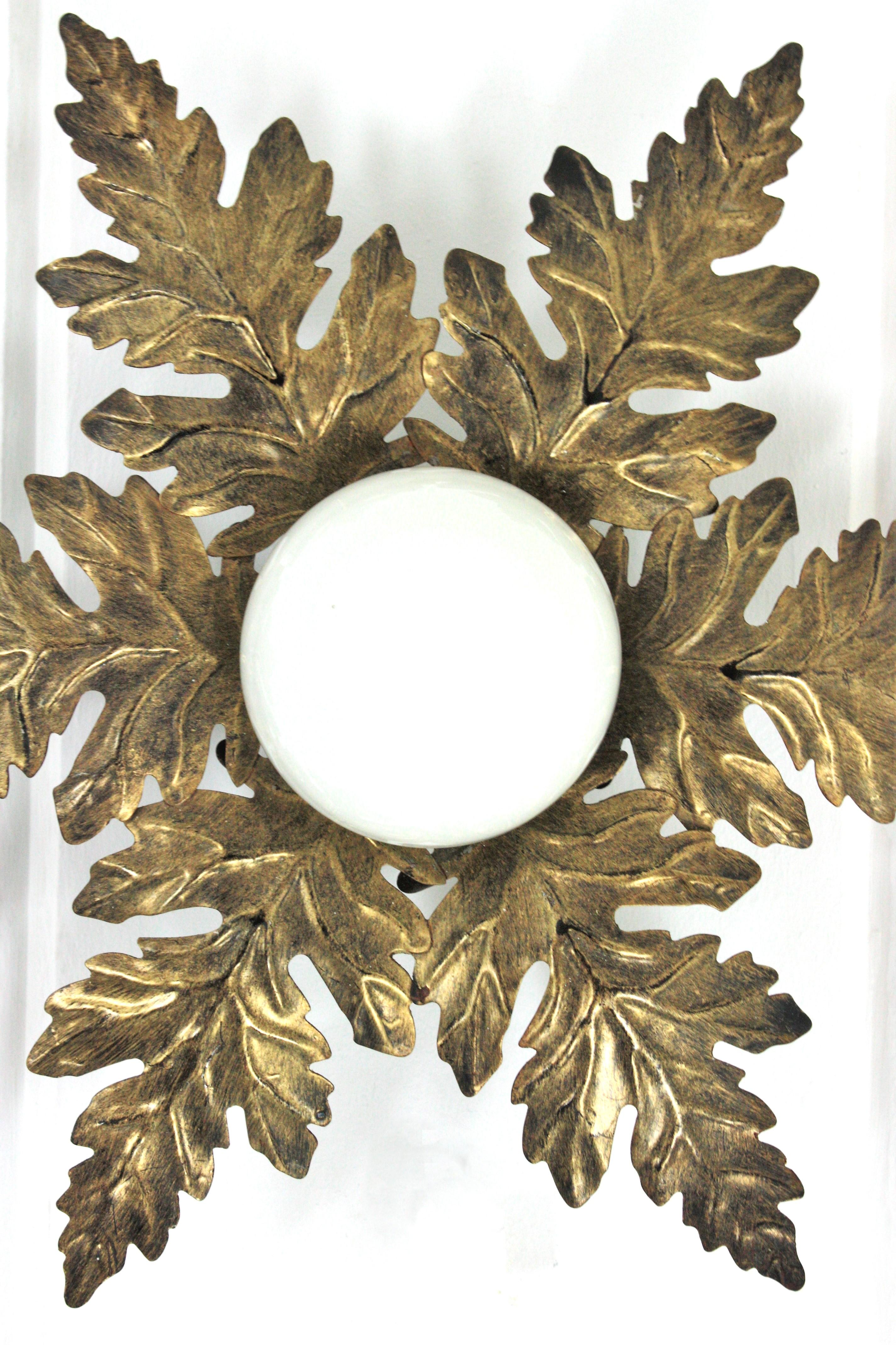 Sunburst Foliage Light Fixture in Gilt Metal with Milk Glass Globe For Sale 8