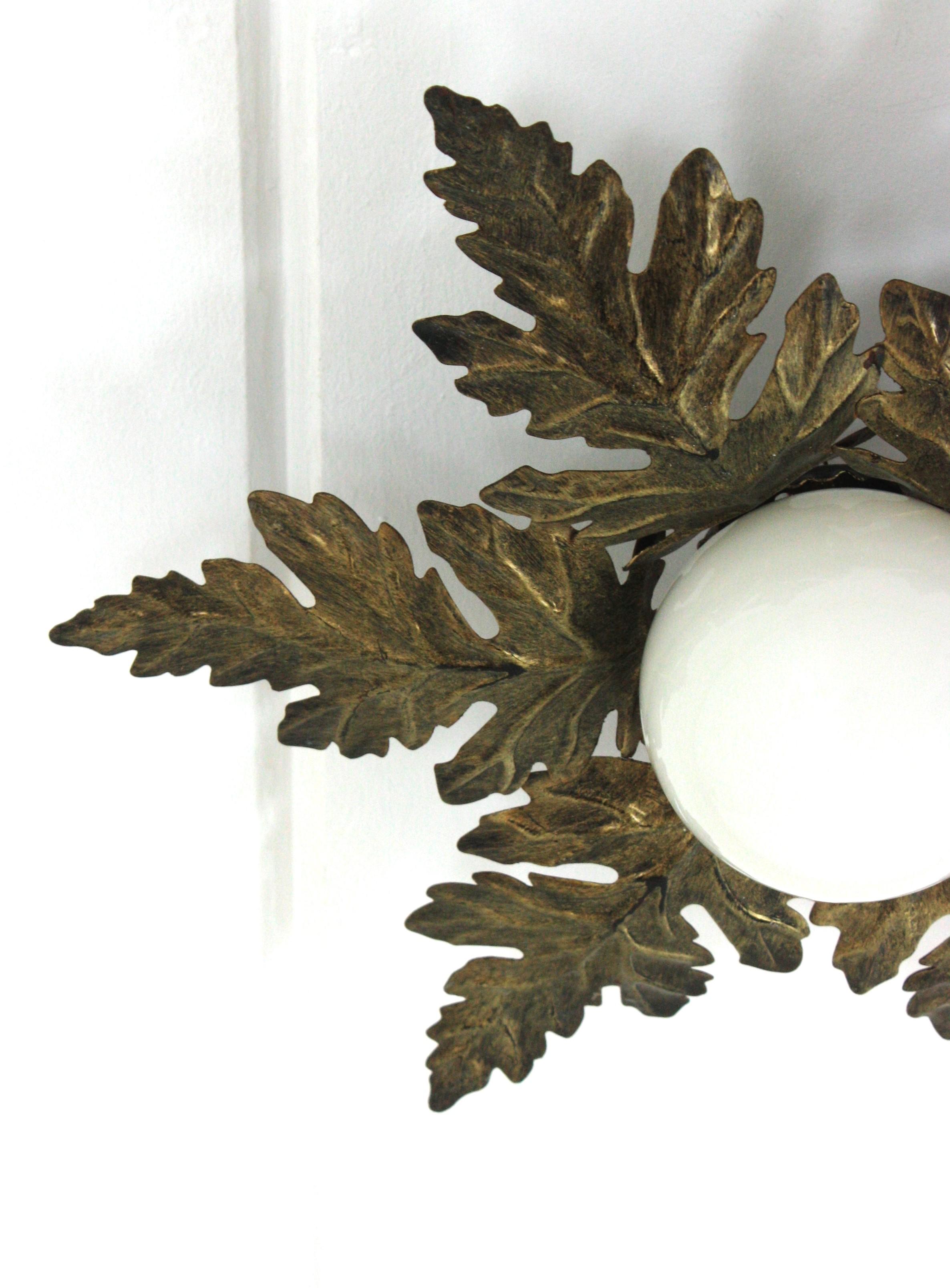 Sunburst Foliage Light Fixture in Gilt Metal with Milk Glass Globe For Sale 11