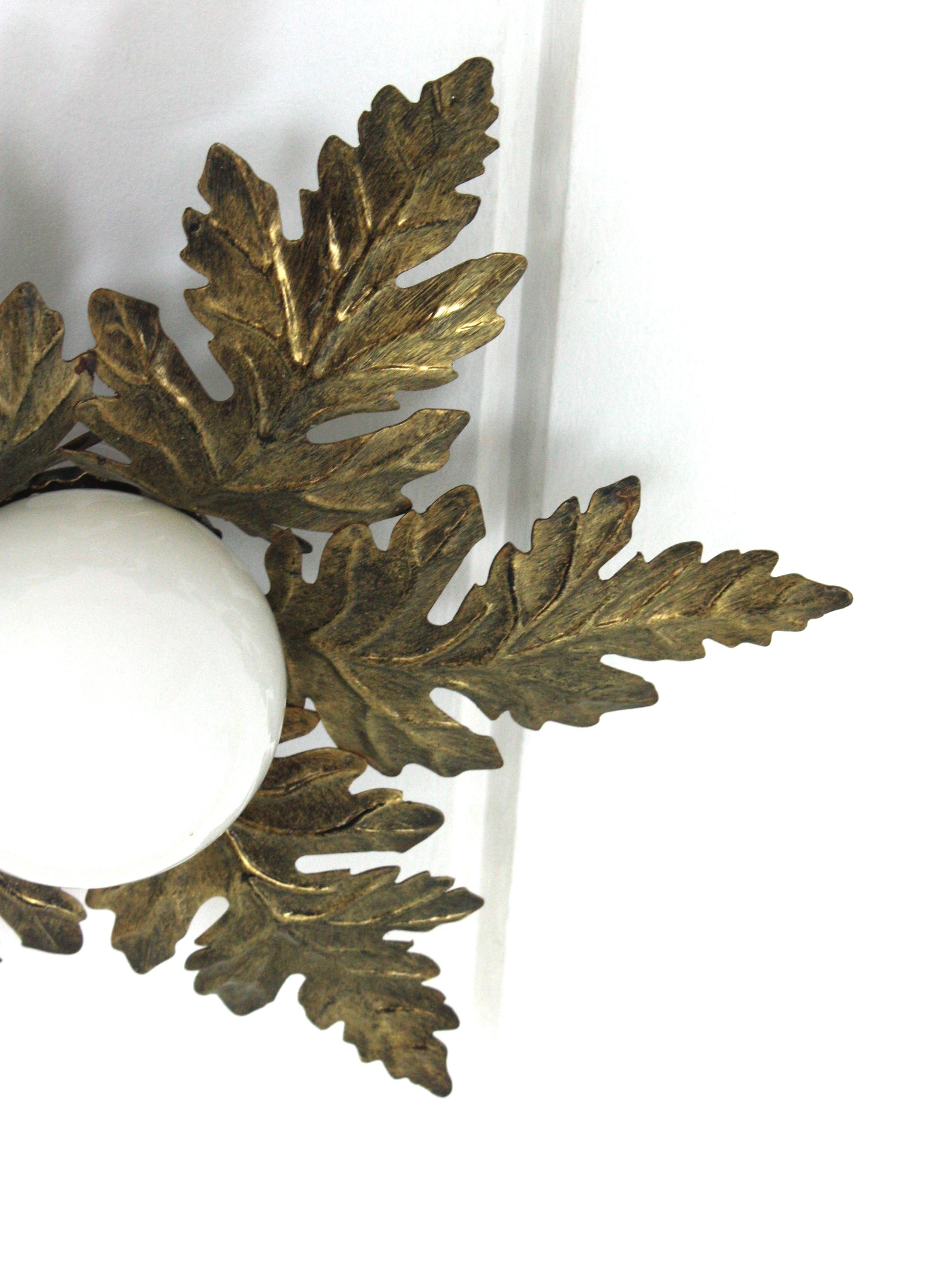 Sunburst Foliage Light Fixture in Gilt Metal with Milk Glass Globe For Sale 12