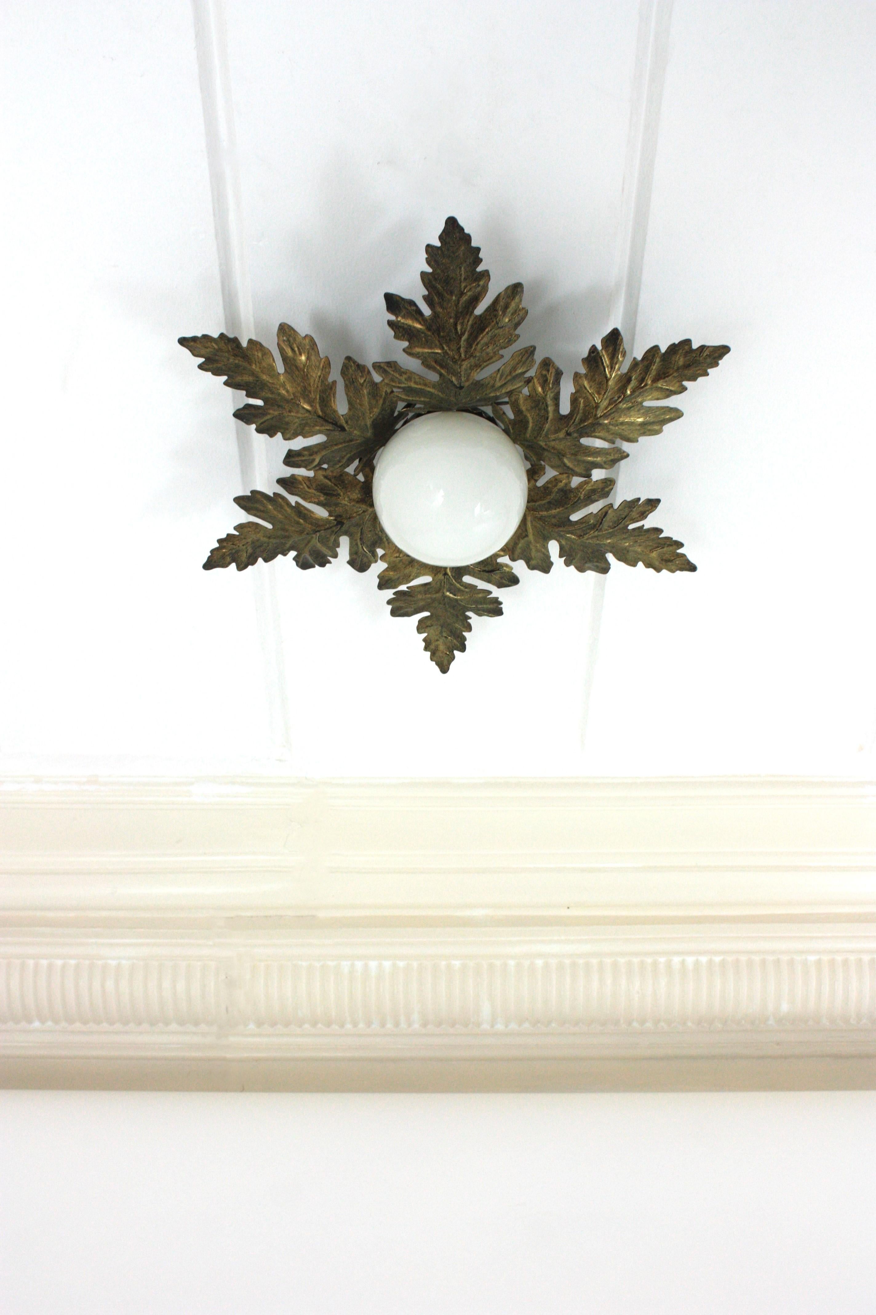 Lámpara Sunburst Foliage de metal dorado con globo de cristal de leche Dorado en venta