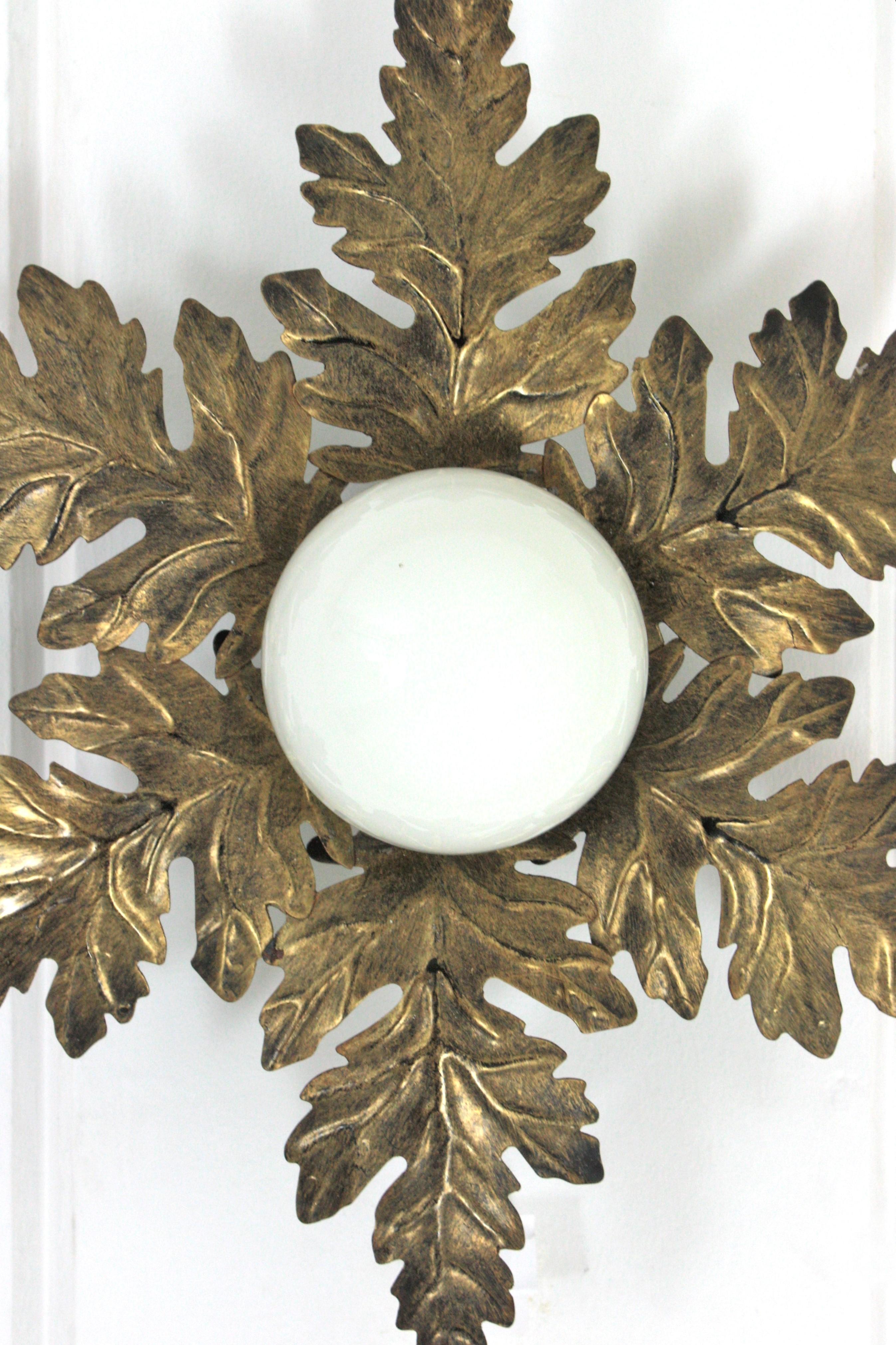 Sunburst Foliage Light Fixture in Gilt Metal with Milk Glass Globe For Sale 1